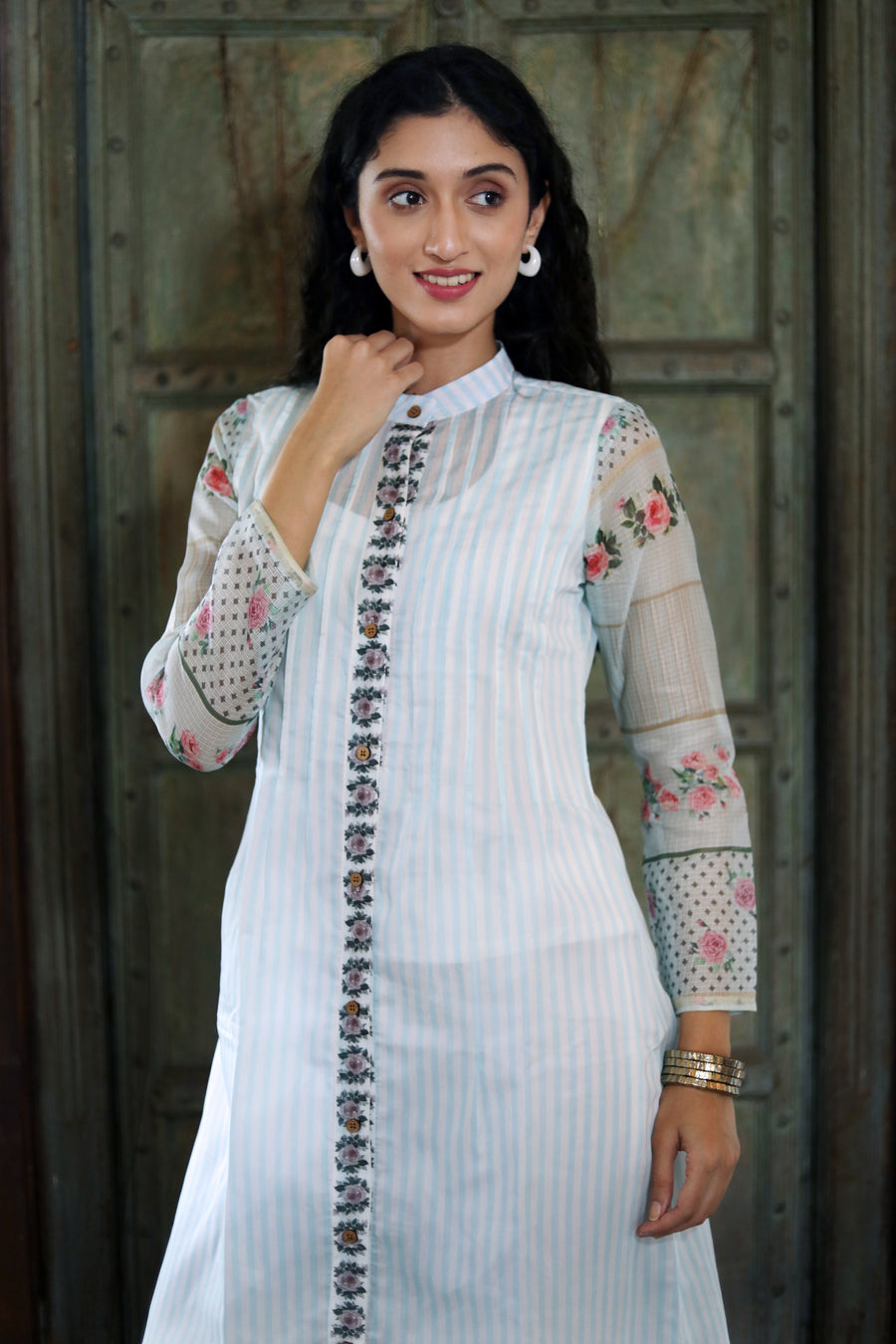 Off White Chanderi Jacket/kurta  With Baby Blue Stripes With A Sleevless Cotton Crop Top And Pants - Kurta & Pant