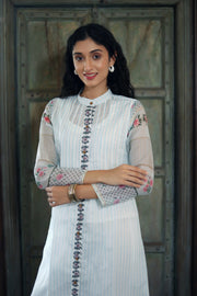 Off White Chanderi Jacket/kurta  With Baby Blue Stripes With A Sleevless Cotton Crop Top And Pants - Kurta & Pant