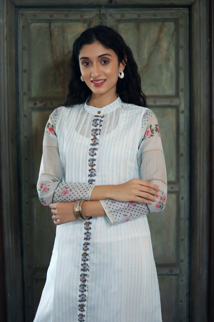 Off White Chanderi Jacket/kurta  With Baby Blue Stripes With A Sleevless Cotton Crop Top And Pants - Kurta & Pant