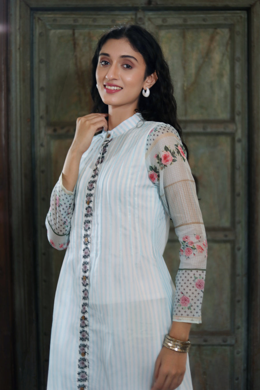 Off White Chanderi Jacket/kurta  With Baby Blue Stripes With A Sleevless Cotton Crop Top And Pants - Kurta & Pant