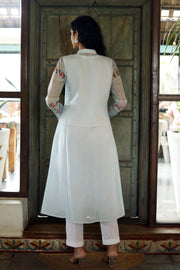 Off White Chanderi Jacket/kurta  With Baby Blue Stripes With A Sleevless Cotton Crop Top And Pants - Kurta & Pant