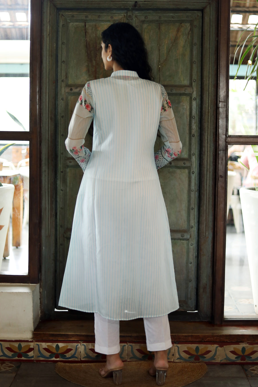 Off White Chanderi Jacket/kurta  With Baby Blue Stripes With A Sleevless Cotton Crop Top And Pants - Kurta & Pant