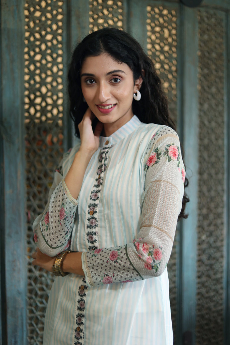 Off White Chanderi Jacket/kurta  With Baby Blue Stripes With A Sleevless Cotton Crop Top And Pants - Kurta & Pant