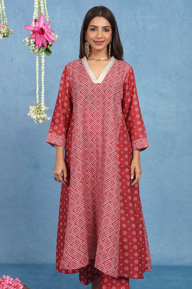 Malhaar Red Bhandini Cotton Kurta