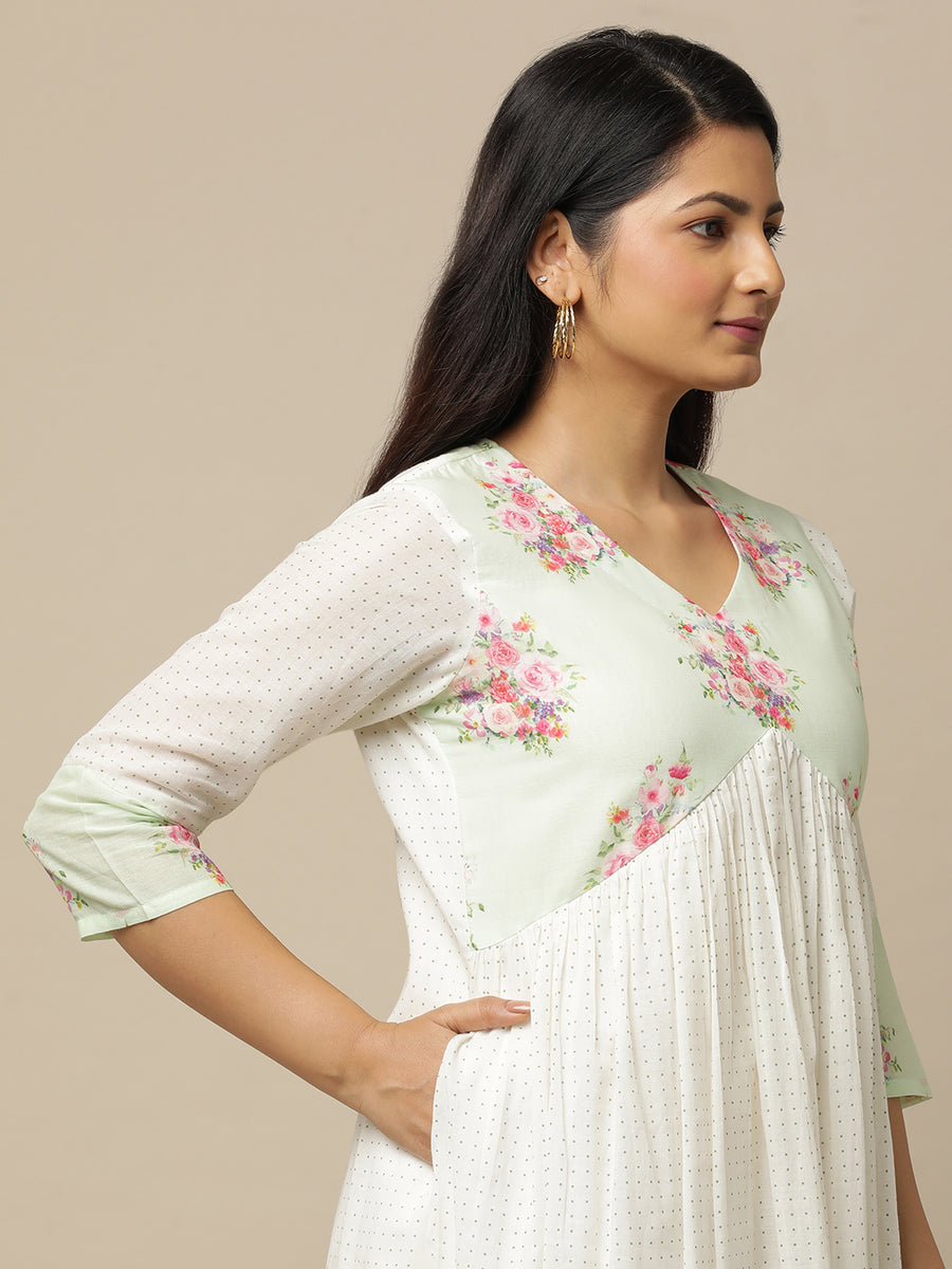 Ivory Cotton Kurta With Printed Floral Alia Cut Yoke Suit