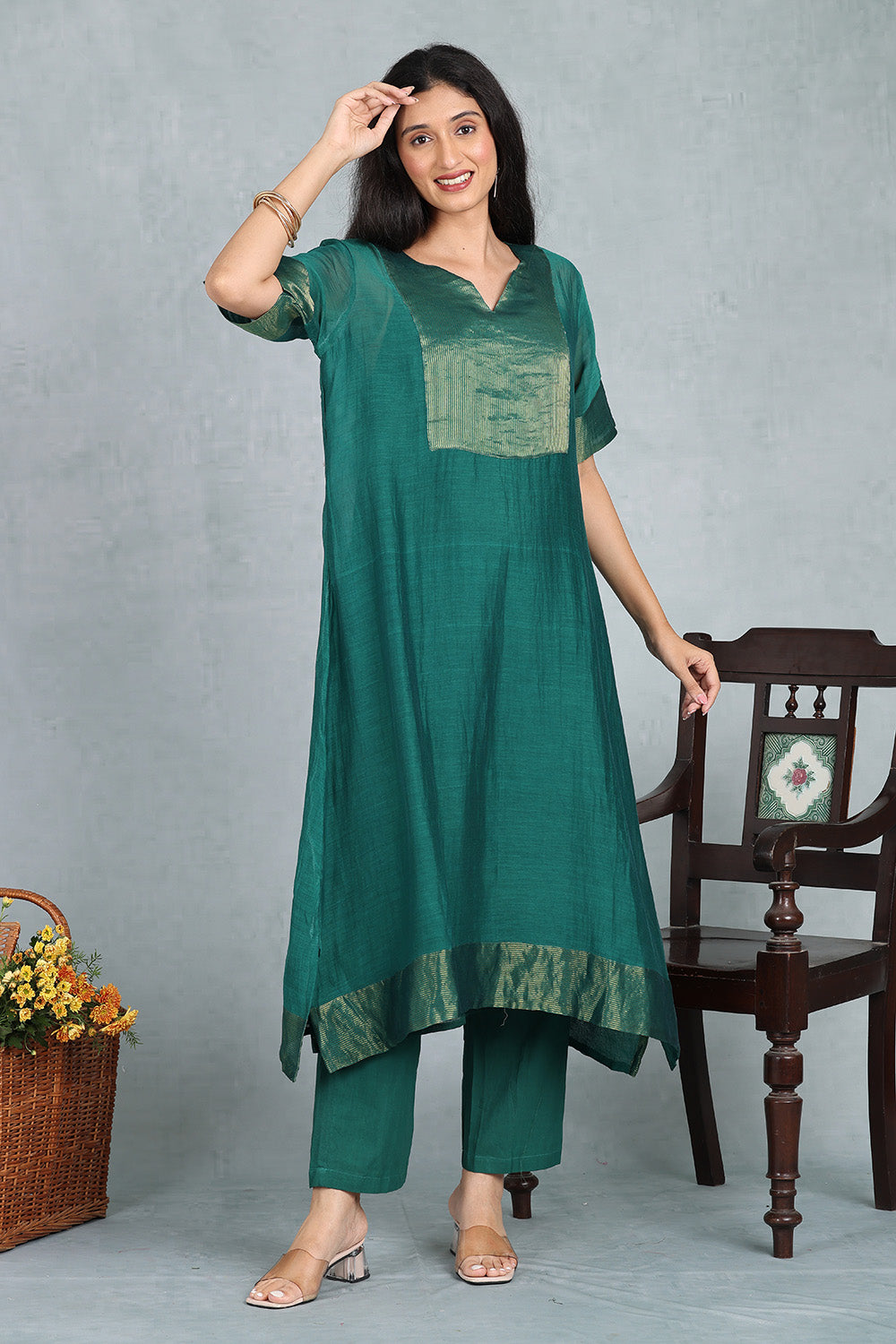 Bottle Green Kaftan Kurta Top And Slip