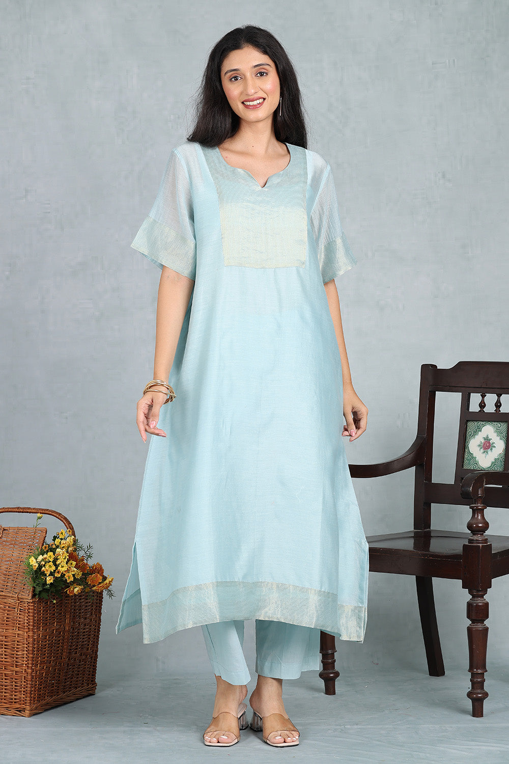 Cloud Blue Kaftan Kurta Top , Bottom And Slip