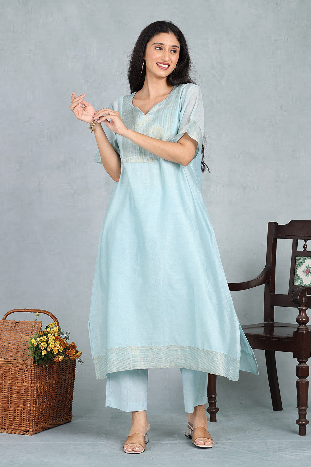Cloud Blue Kaftan Kurta Top , Bottom And Slip