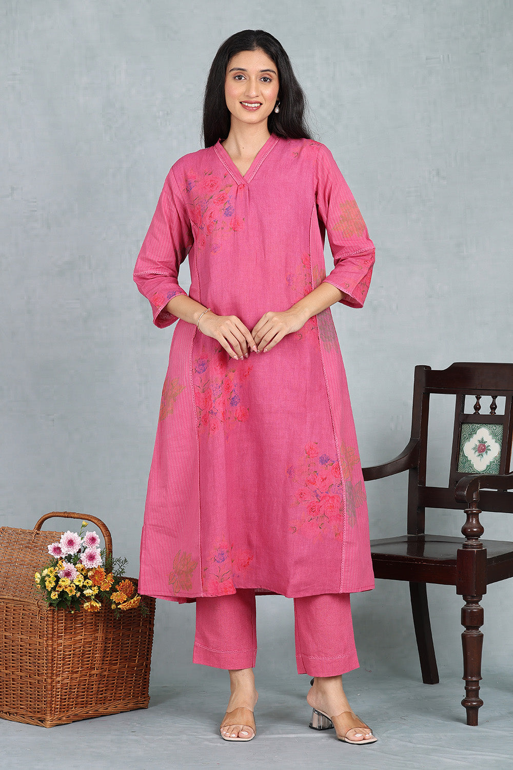 Royal Rose Handwoven Linen Kurta Top And Bottom