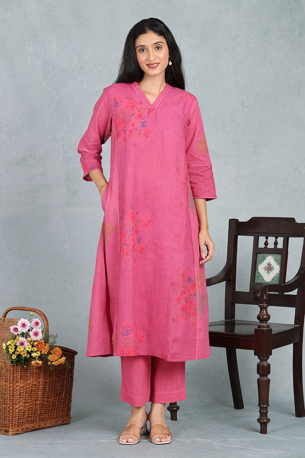 Royal Rose Handwoven Linen Kurta Top And Bottom