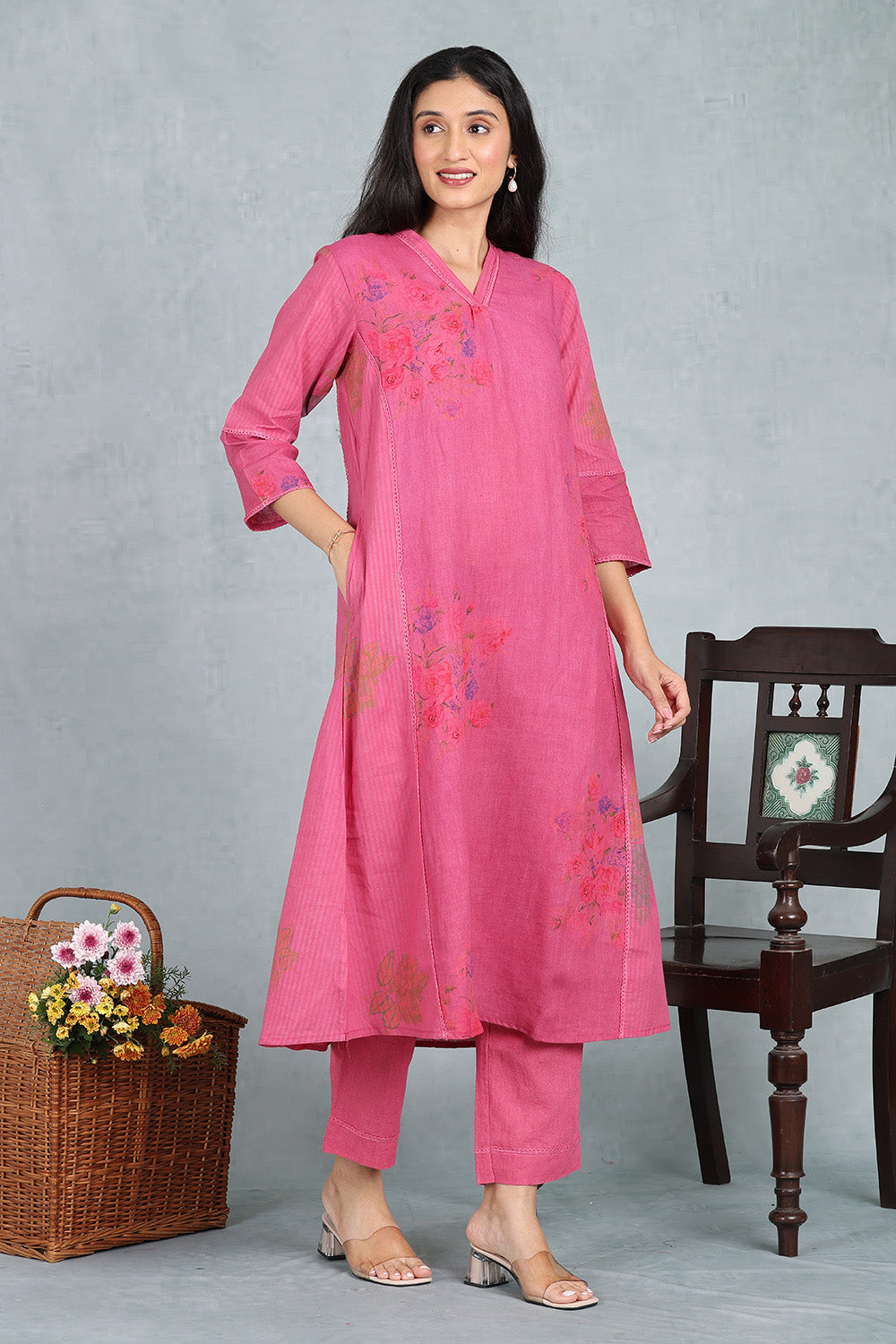 Royal Rose Handwoven Linen Kurta Top And Bottom