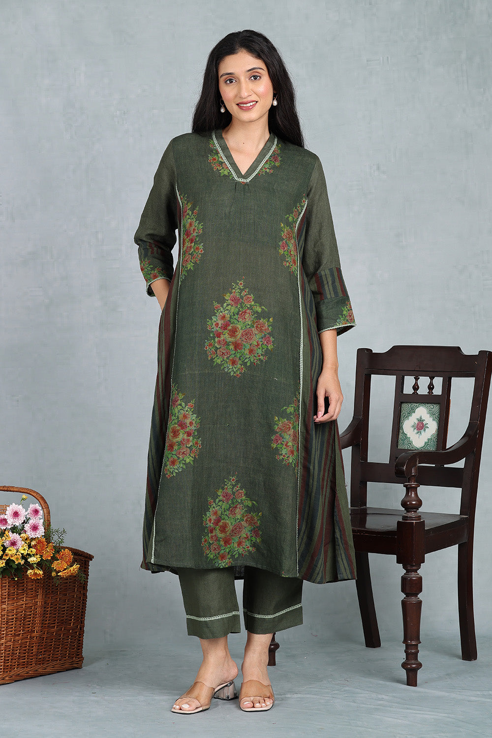 Olive Moss Handwoven Linen Kurta Top And Bottom