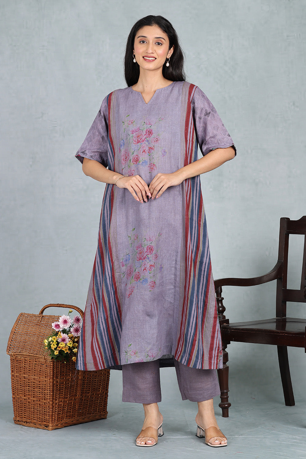 Mauve Lilac Handwoven Linen Kurta Top And Bottom