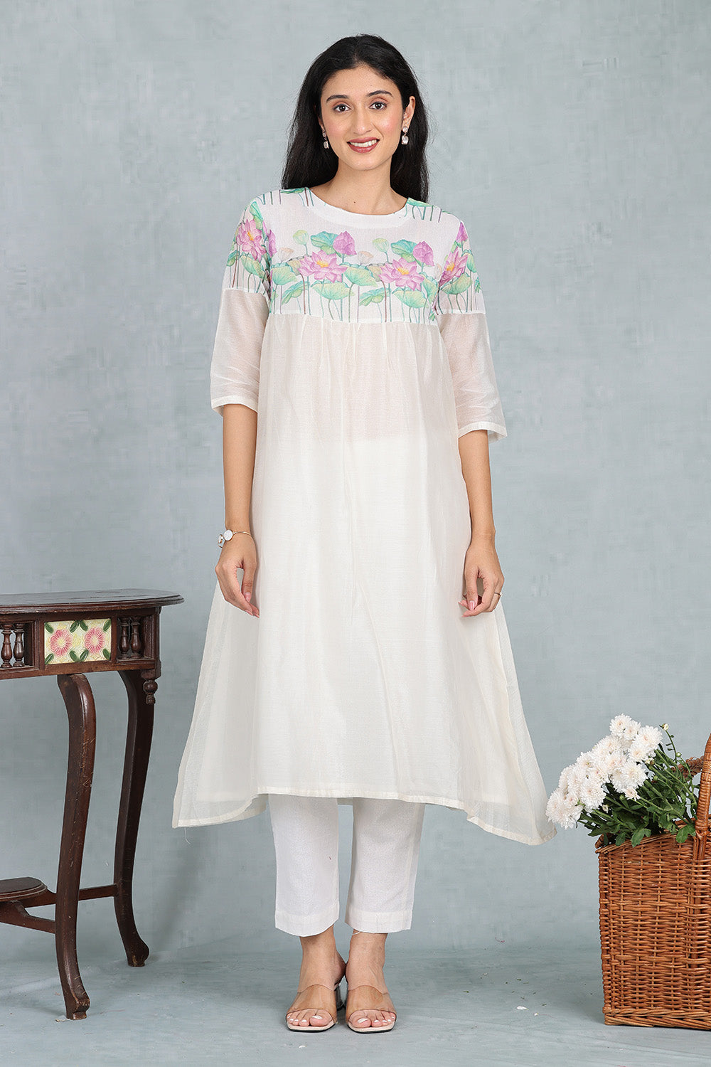 Ivory Pink Lotus Delicate Handwoven Chanderi Kurta Top And Bottom