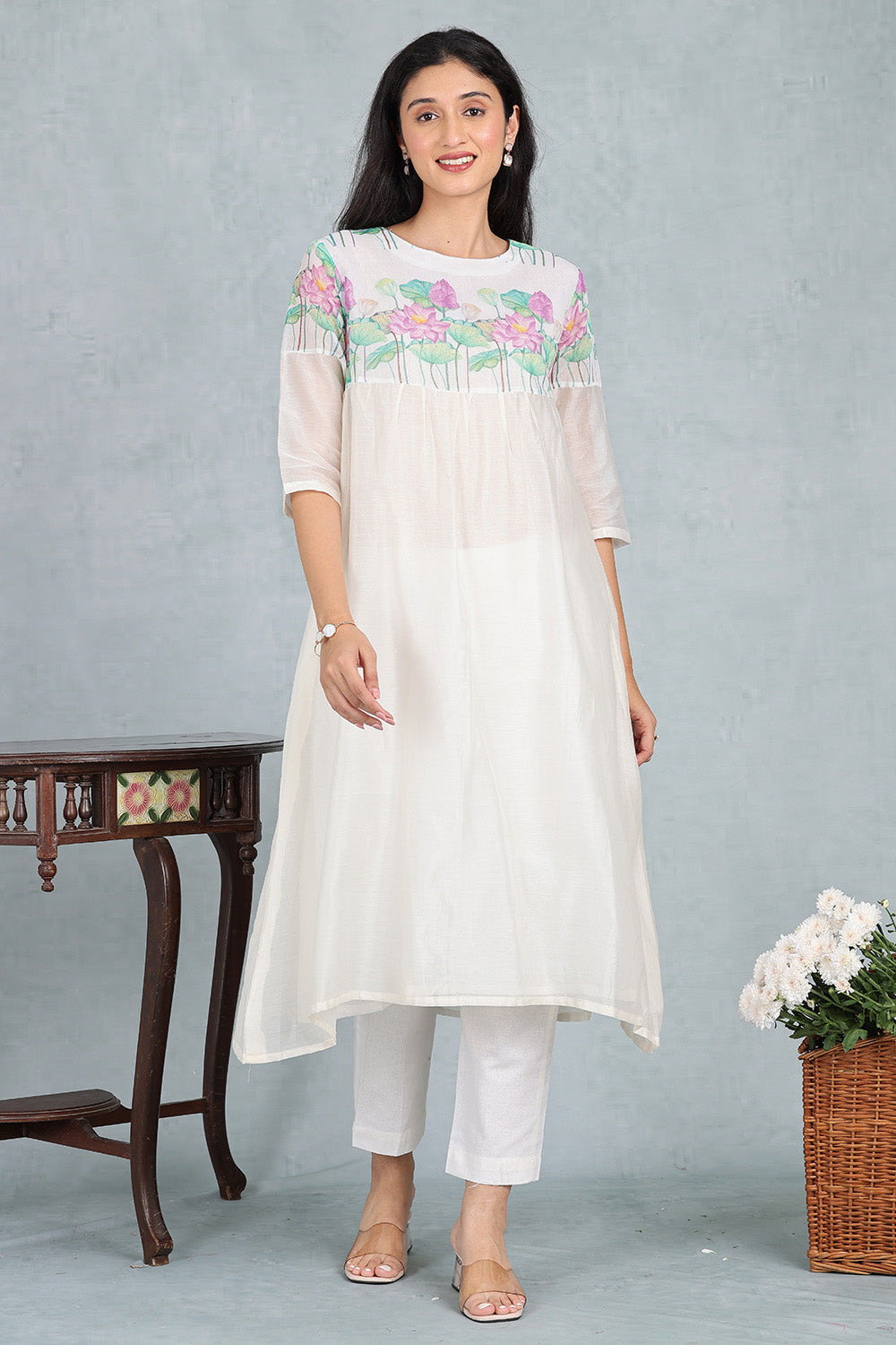 Ivory Pink Lotus Delicate Handwoven Chanderi Kurta Top And Bottom