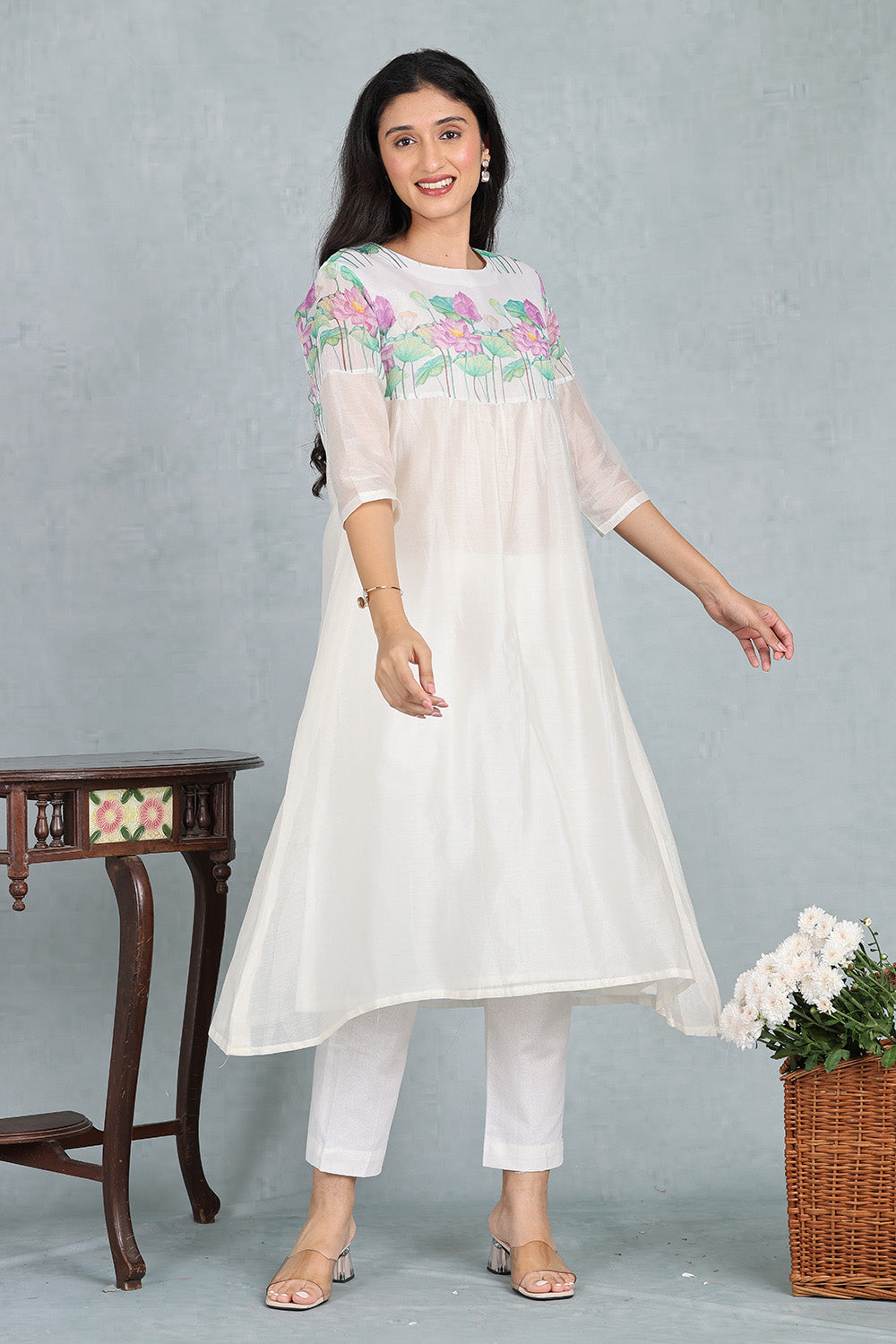 Ivory Pink Lotus Delicate Handwoven Chanderi Kurta Top