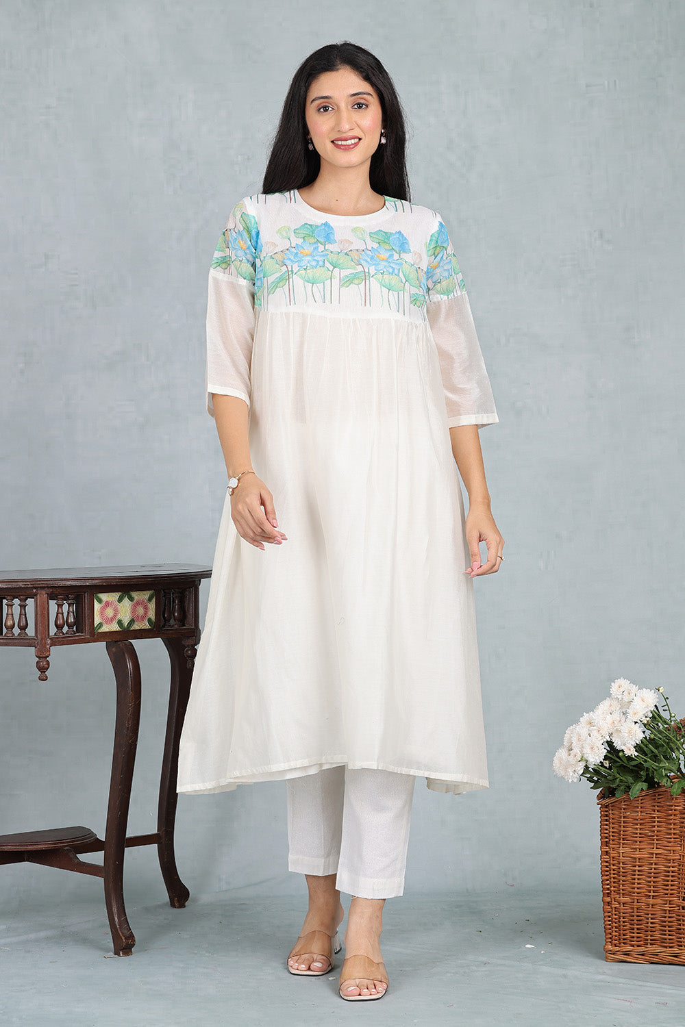 Ivory Blue Lotus Delicate Handwoven Chanderi Kurta Top
