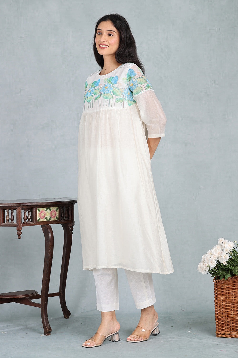 Ivory Blue Lotus Delicate Handwoven Chanderi Kurta Top And Bottom
