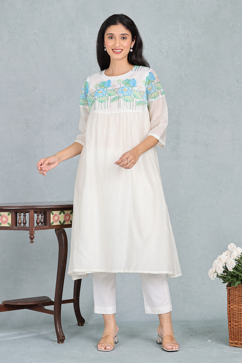 Ivory Blue Lotus Delicate Handwoven Chanderi Kurta Top