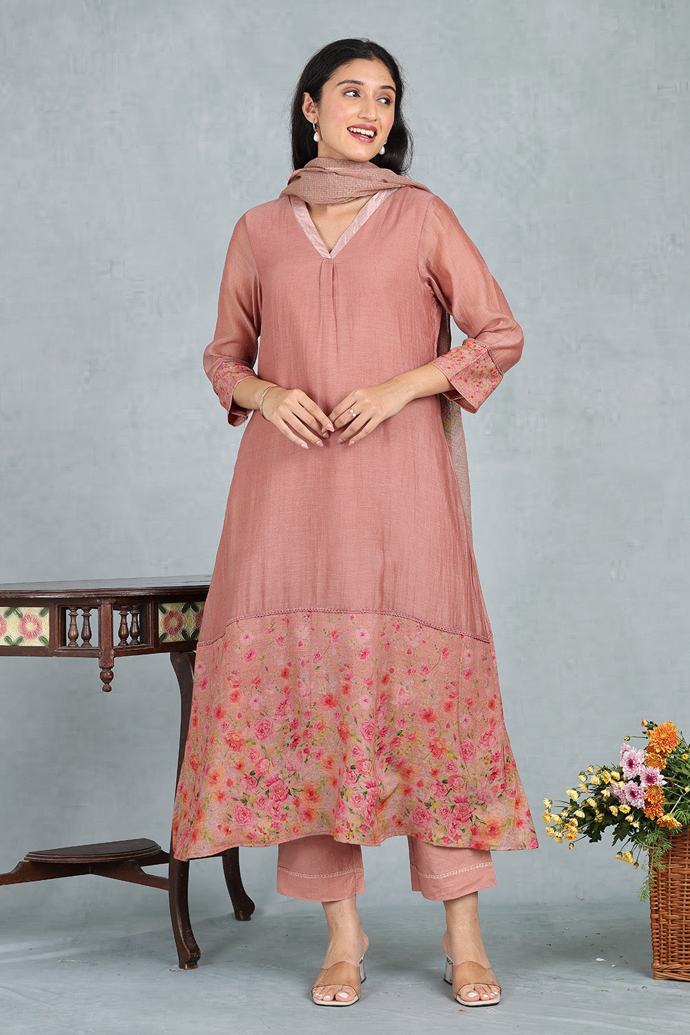 Rose Dune Handwoven Chanderi Set Top And Bottom