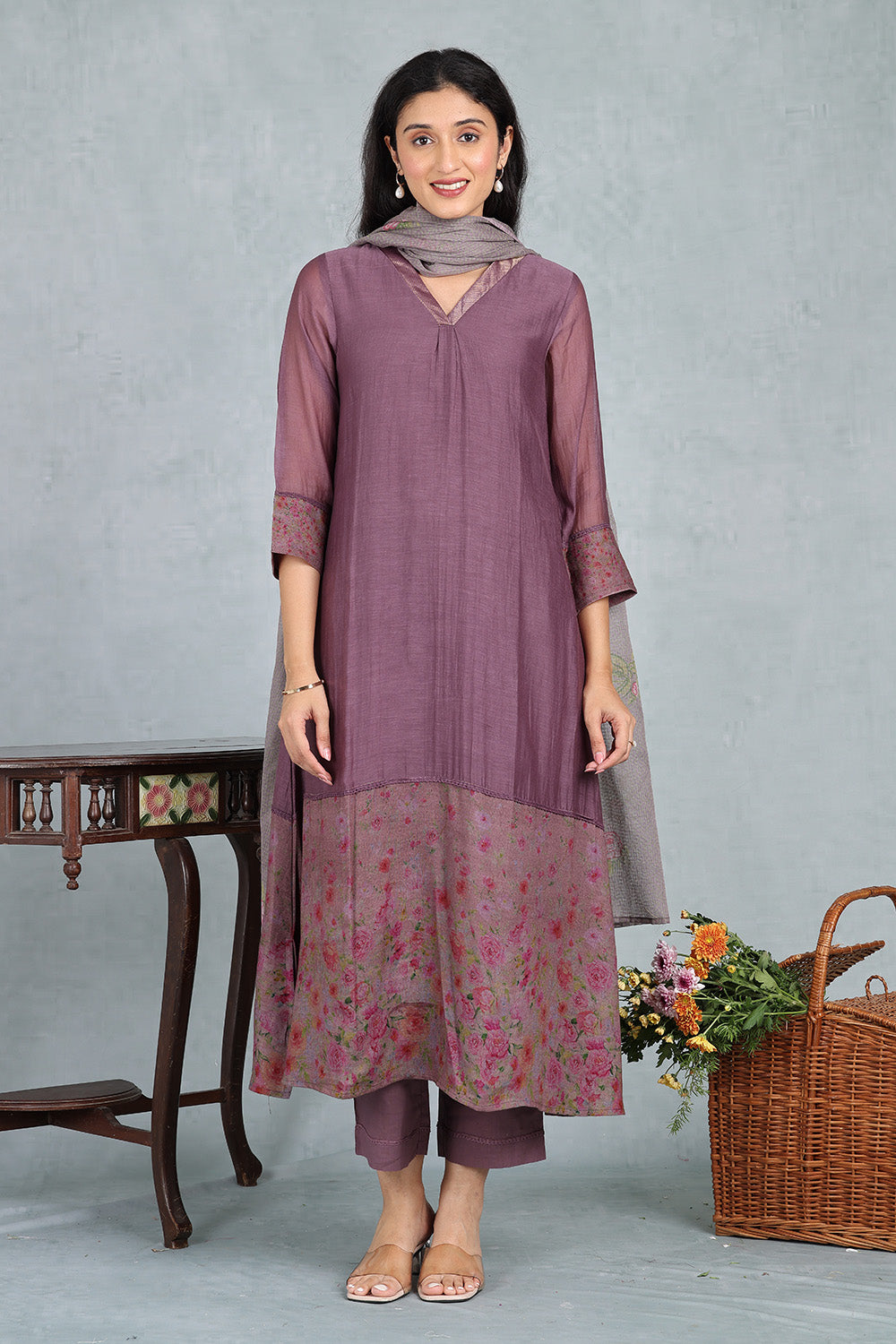 Plum Wine Handwoven Chanderi Top And Bottom