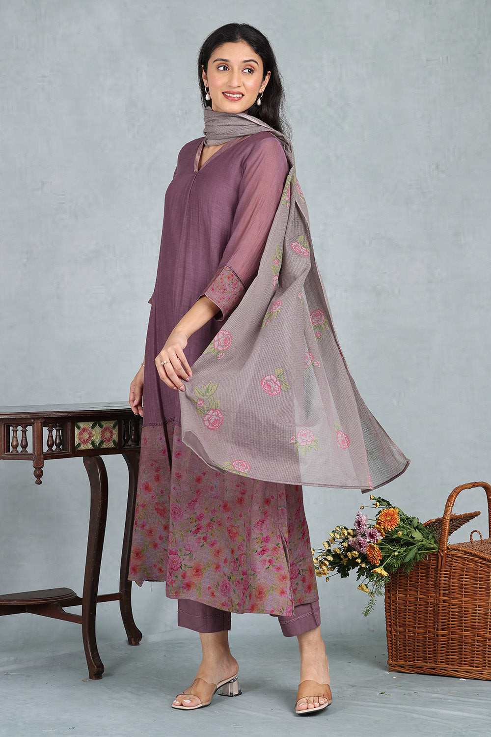 Plum Wine Handwoven Chanderi Top And Bottom
