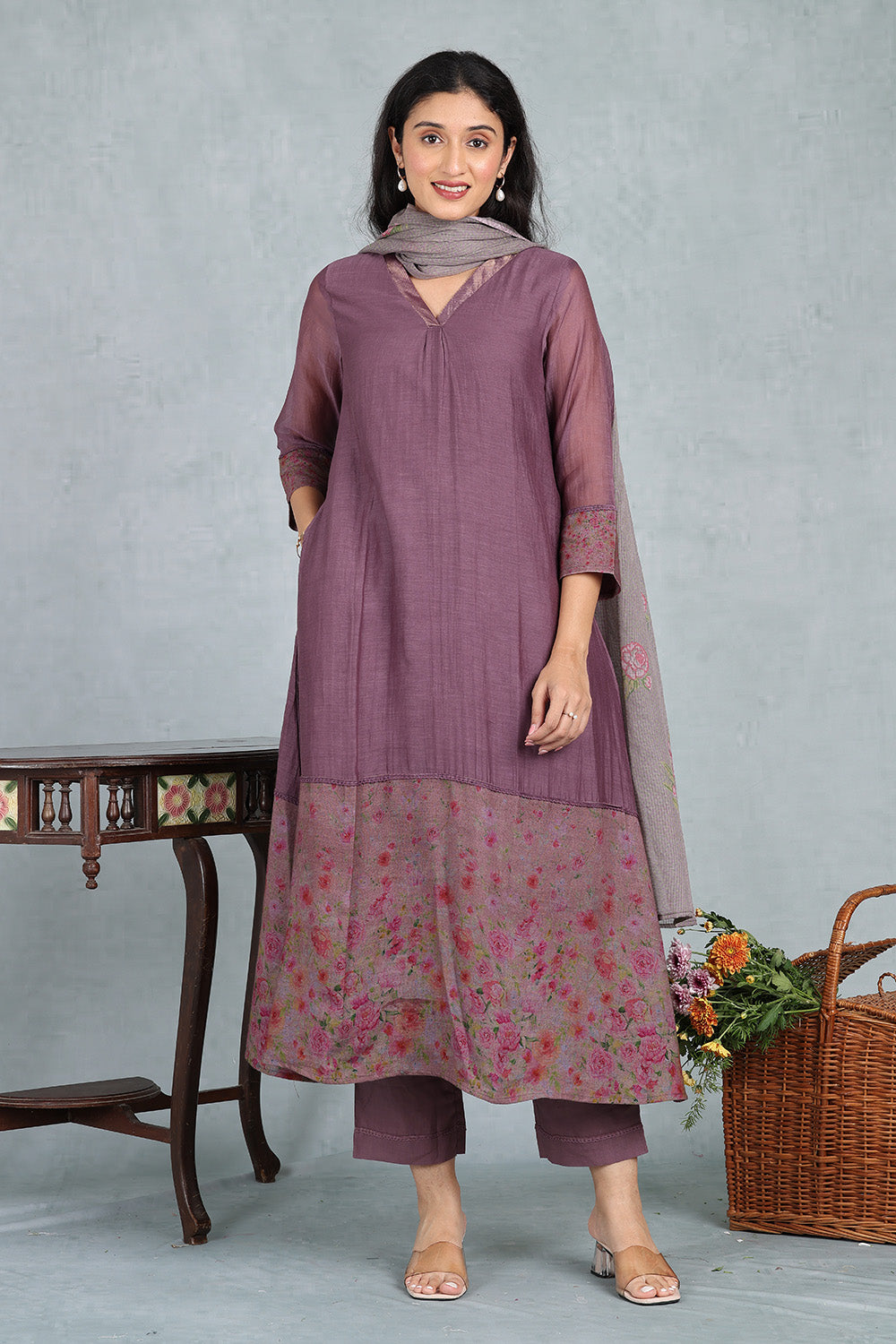 Plum Wine Handwoven Chanderi Top And Bottom