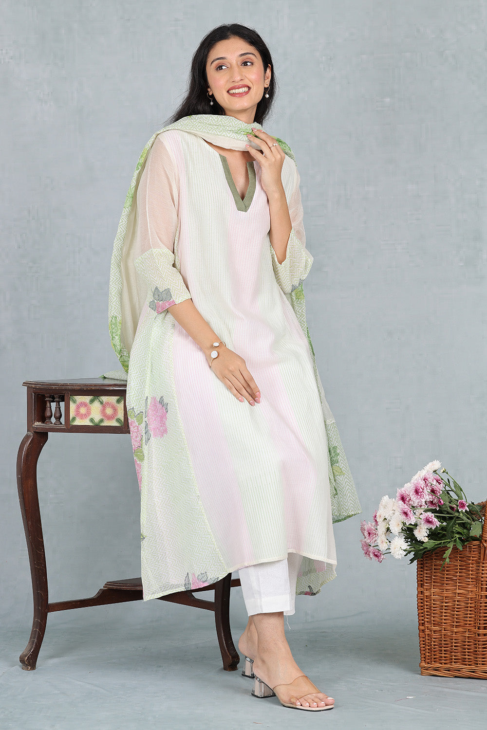 Ivory Chanderi Ensemble Top And Bottom