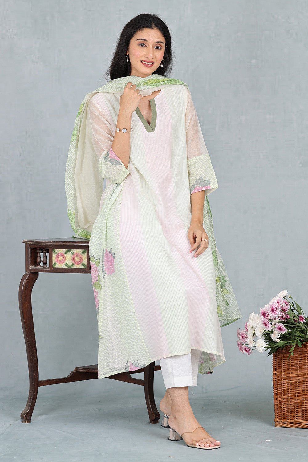 Ivory Chanderi Ensemble Top And Bottom