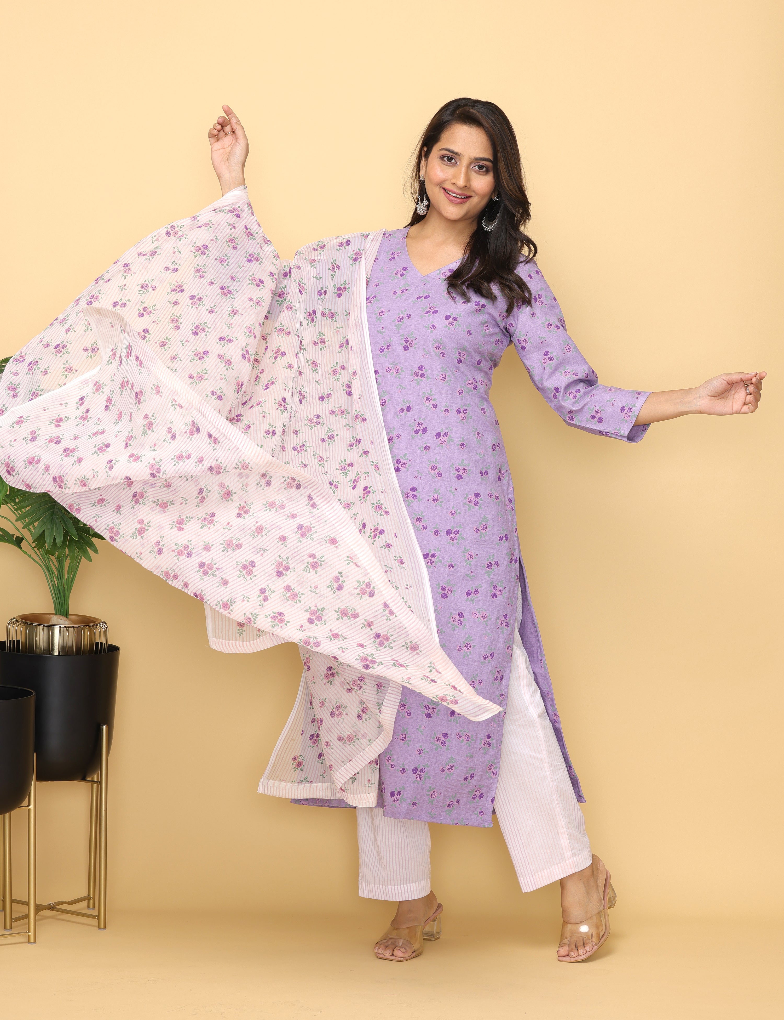 Malhaar Lilac Block Printed Yoke Kurta And Bottom