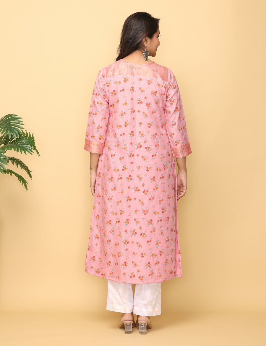 Peach Melba Twill Kurta With Hand Block Printed Flowers, With Pure Zari Tissue Border And Mul-organza Dupatta - Kurta & Pant with Dupatta