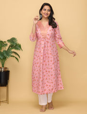 Peach Melba Twill Kurta With Hand Block Printed Flowers, With Pure Zari Tissue Border And Mul-organza Dupatta - Kurta & Pant with Dupatta