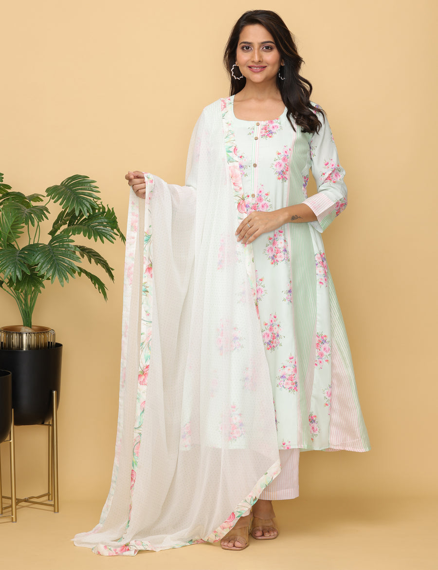 Mint Glaze Modal Muslin With Printed Flowers And Hand Block Printed Panels With Block Printed Striped Bottom And Mul-organza Dupatta - Kurta & Pant with Dupatta