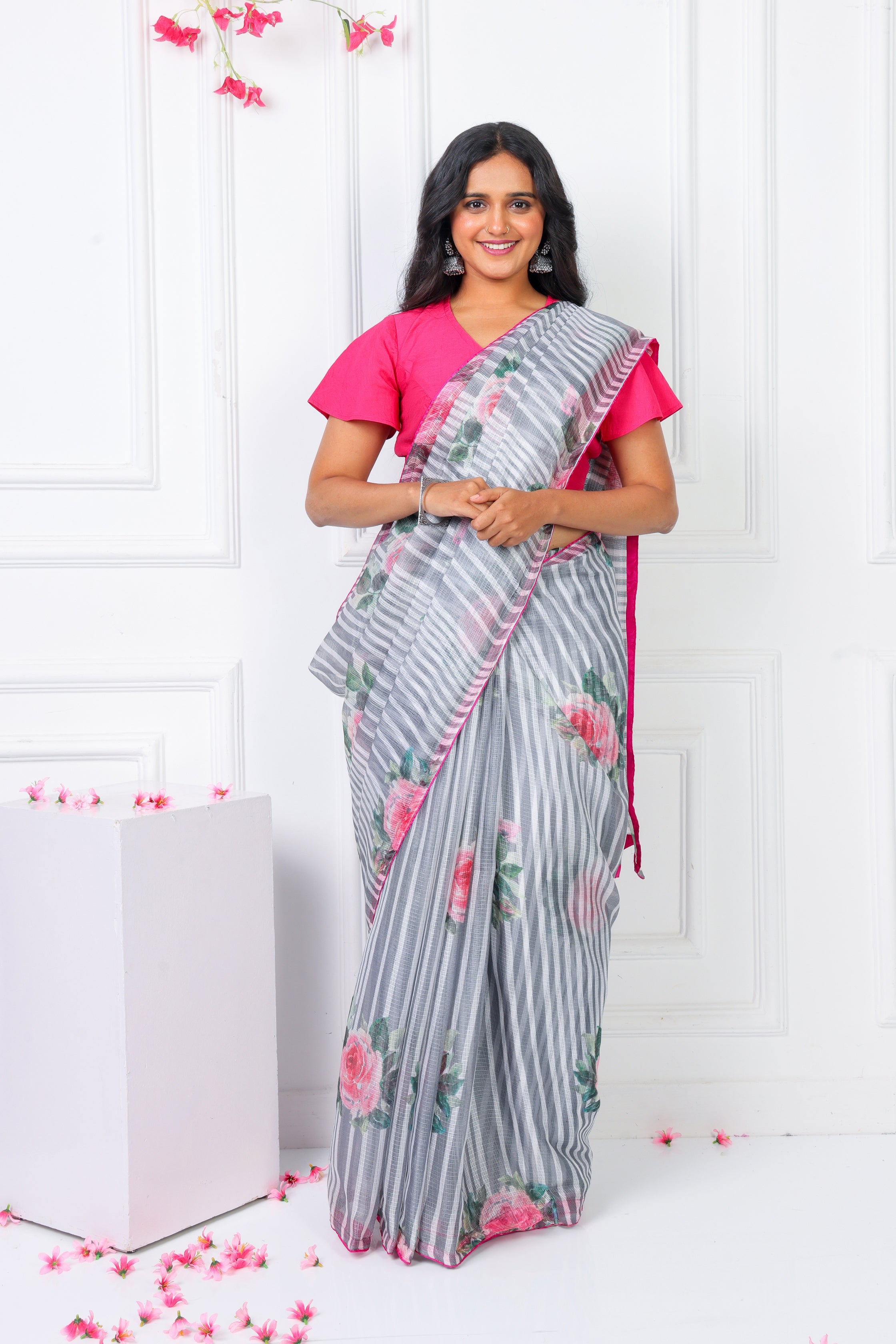 Noor - Ash Grey And Ivory Kota Saree - Tina Eapen Design studio