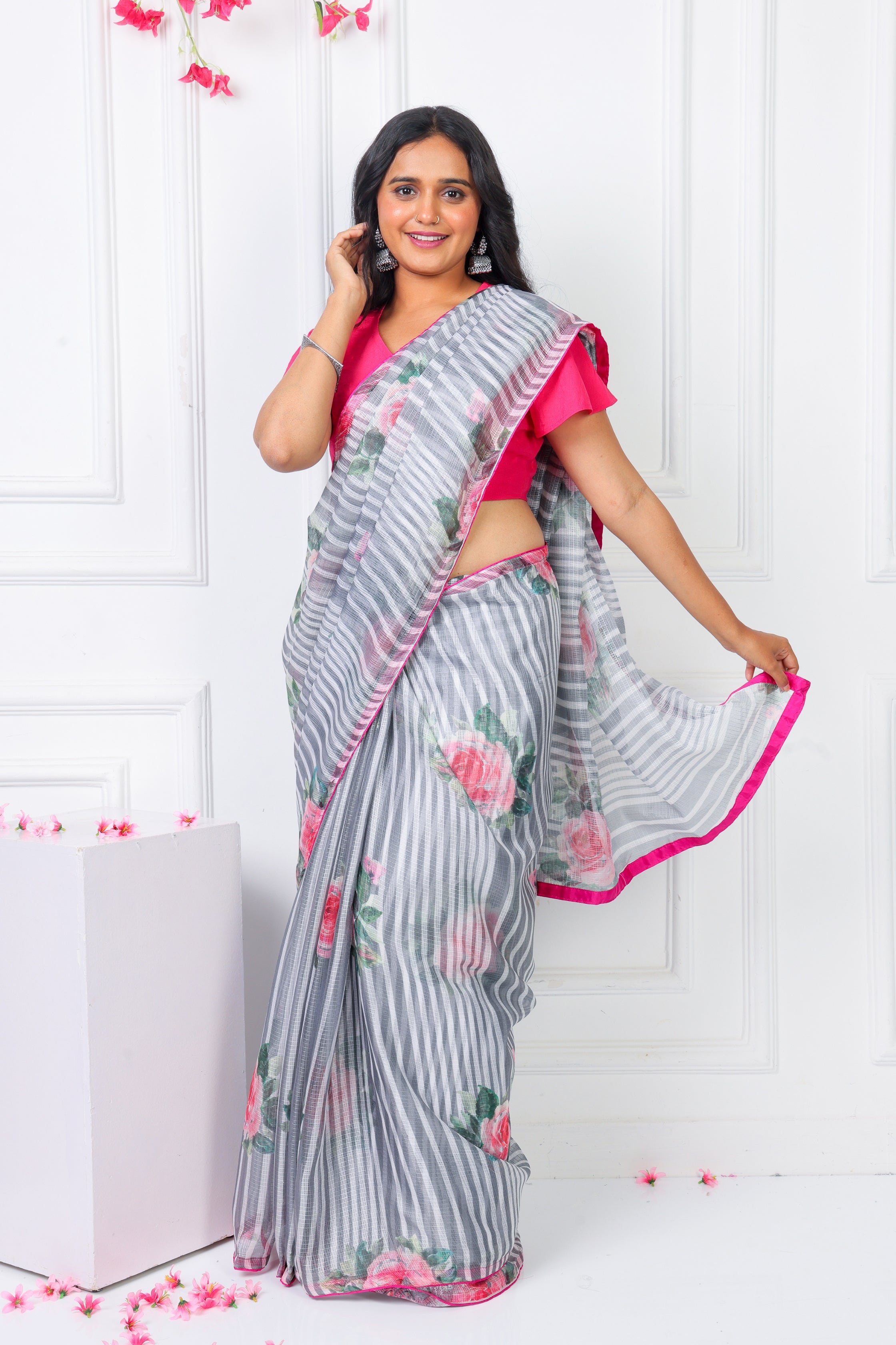 Noor - Ash Grey And Ivory Kota Saree