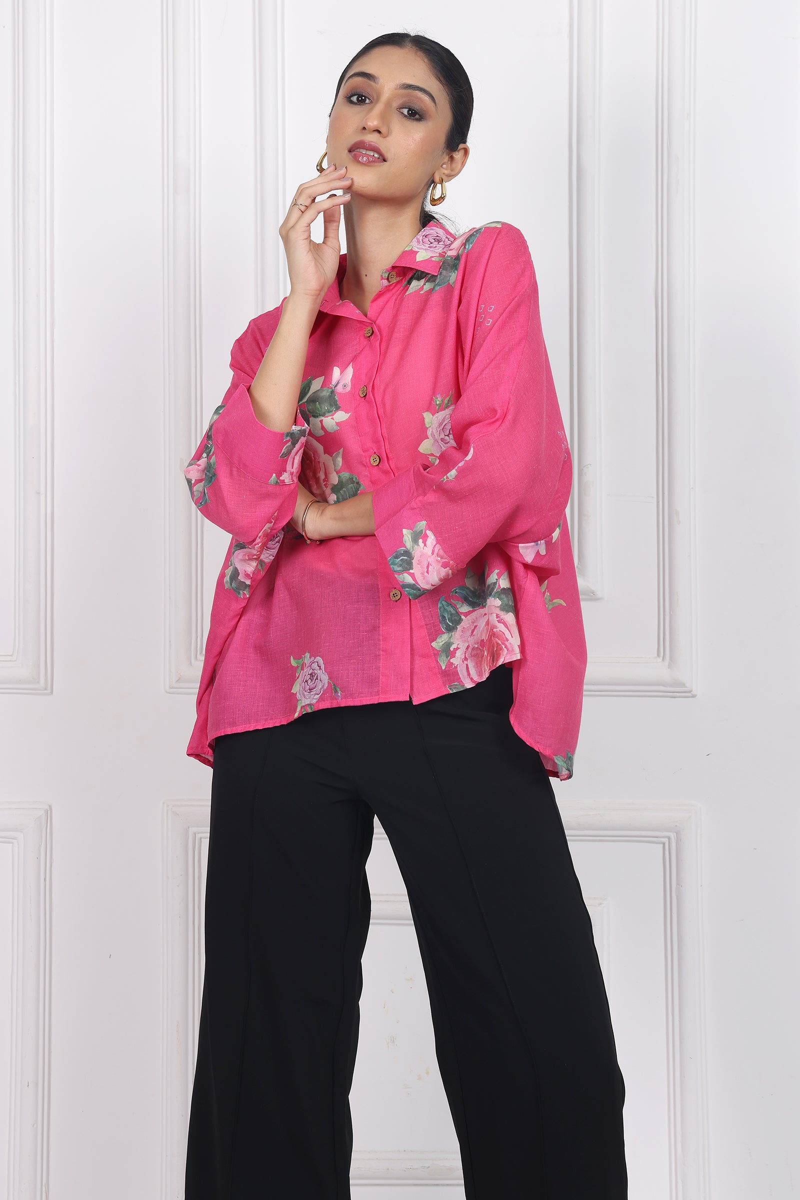 Wander Edit- Rose Boxy Shirt In Dark Pink Cotton