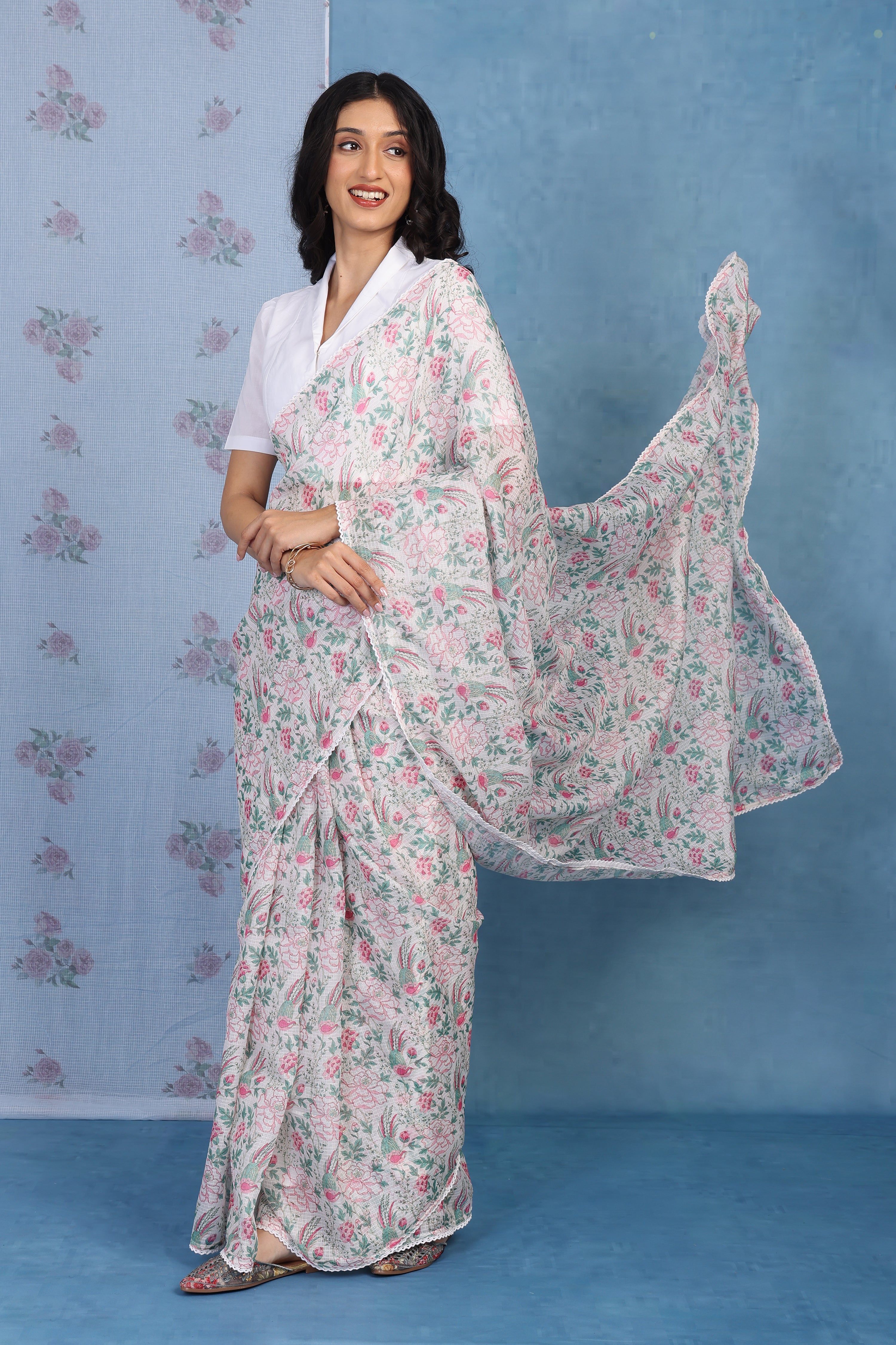 English Rose Garden - Pearl Vanilla  Kota Saree