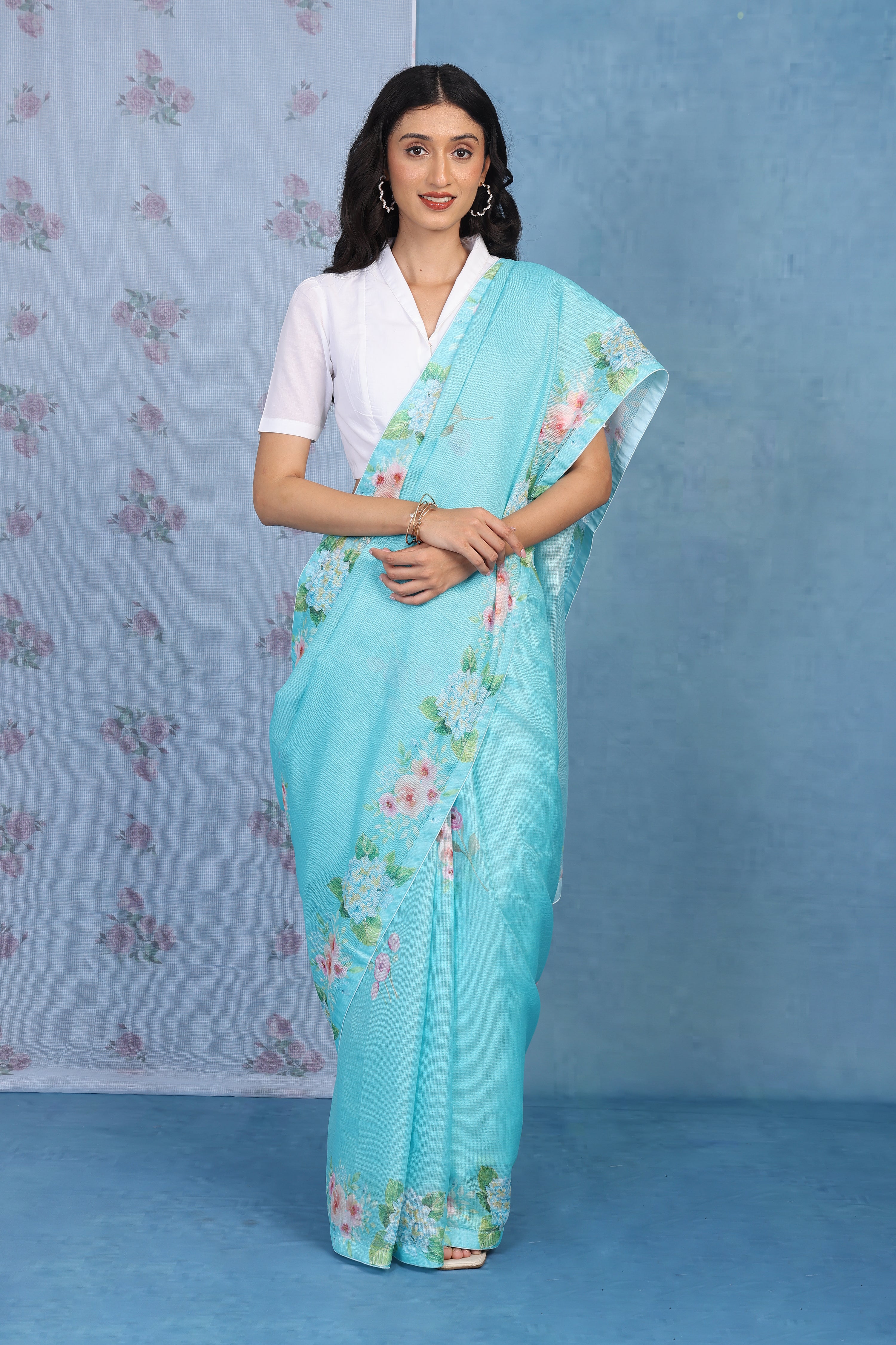 English Rose Garden - Turquoise Tide Kota Saree