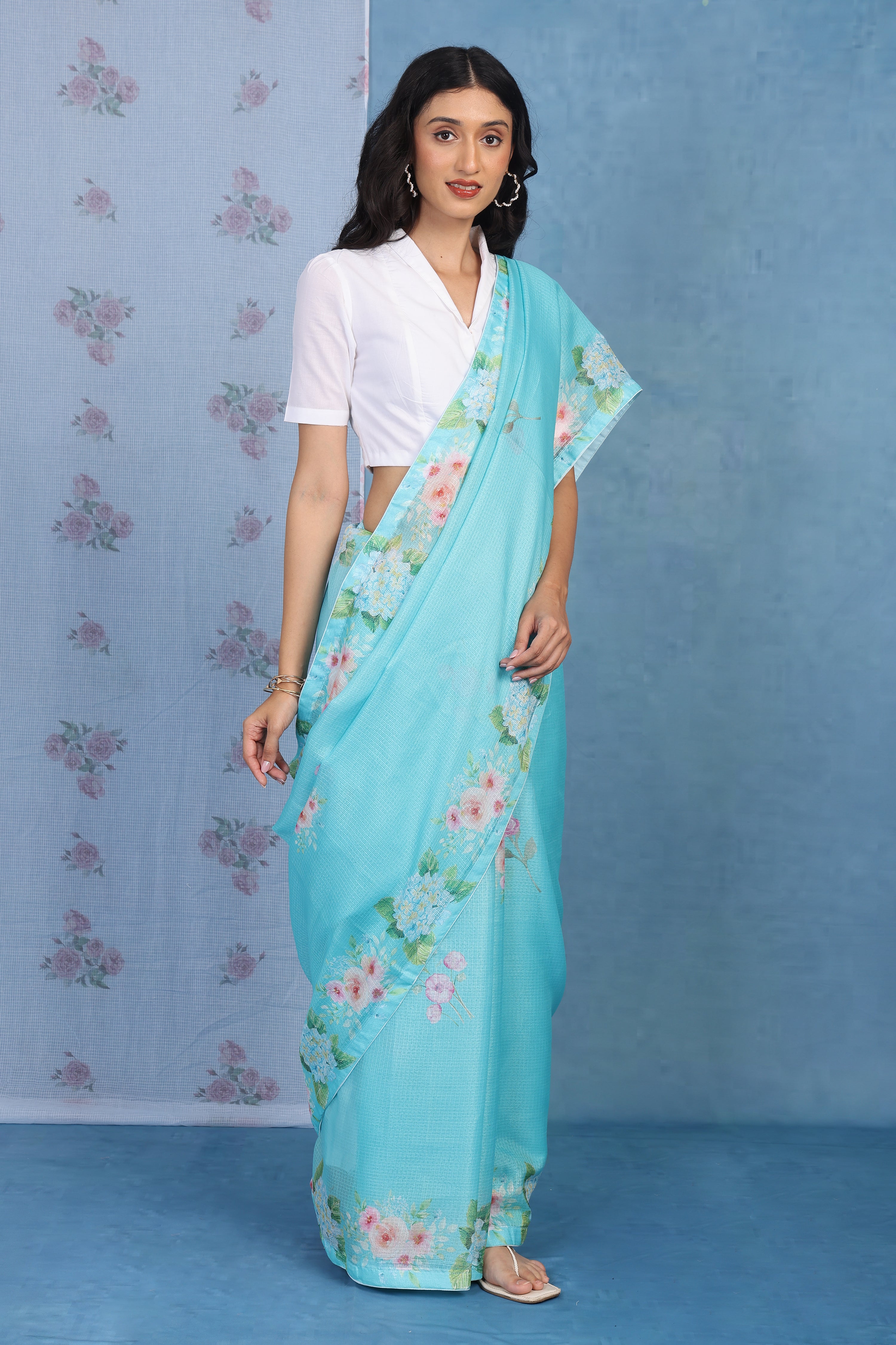 English Rose Garden - Turquoise Tide Kota Saree