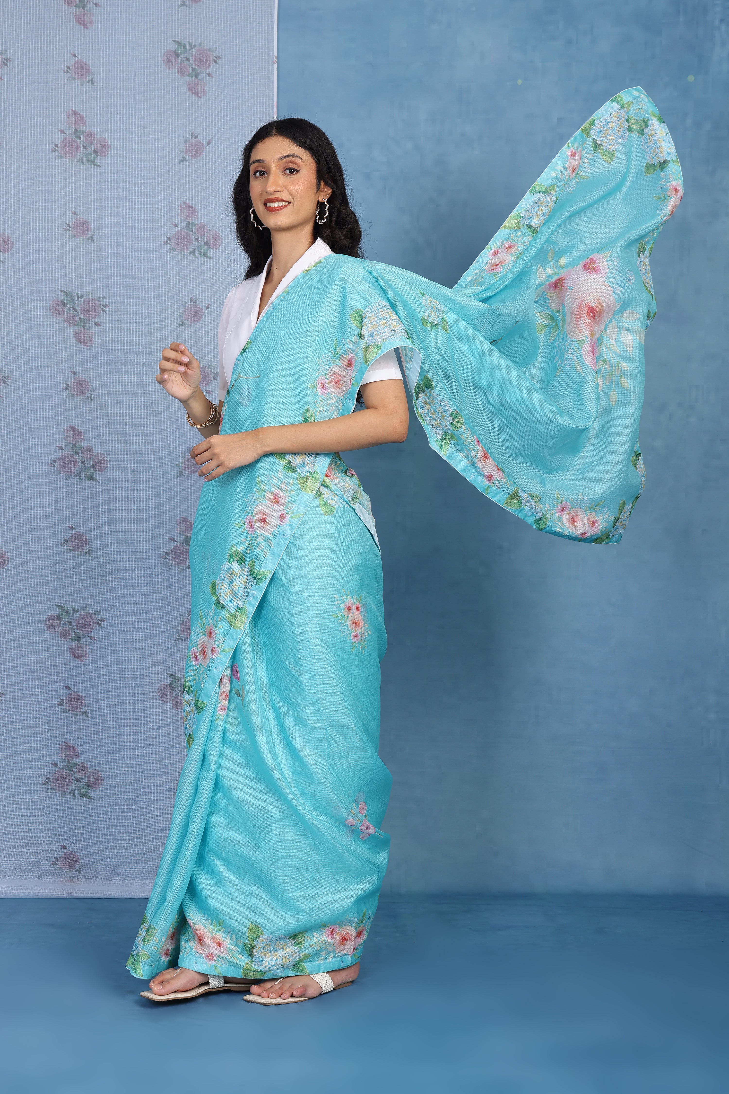 English Rose Garden - Turquoise Tide Kota Saree