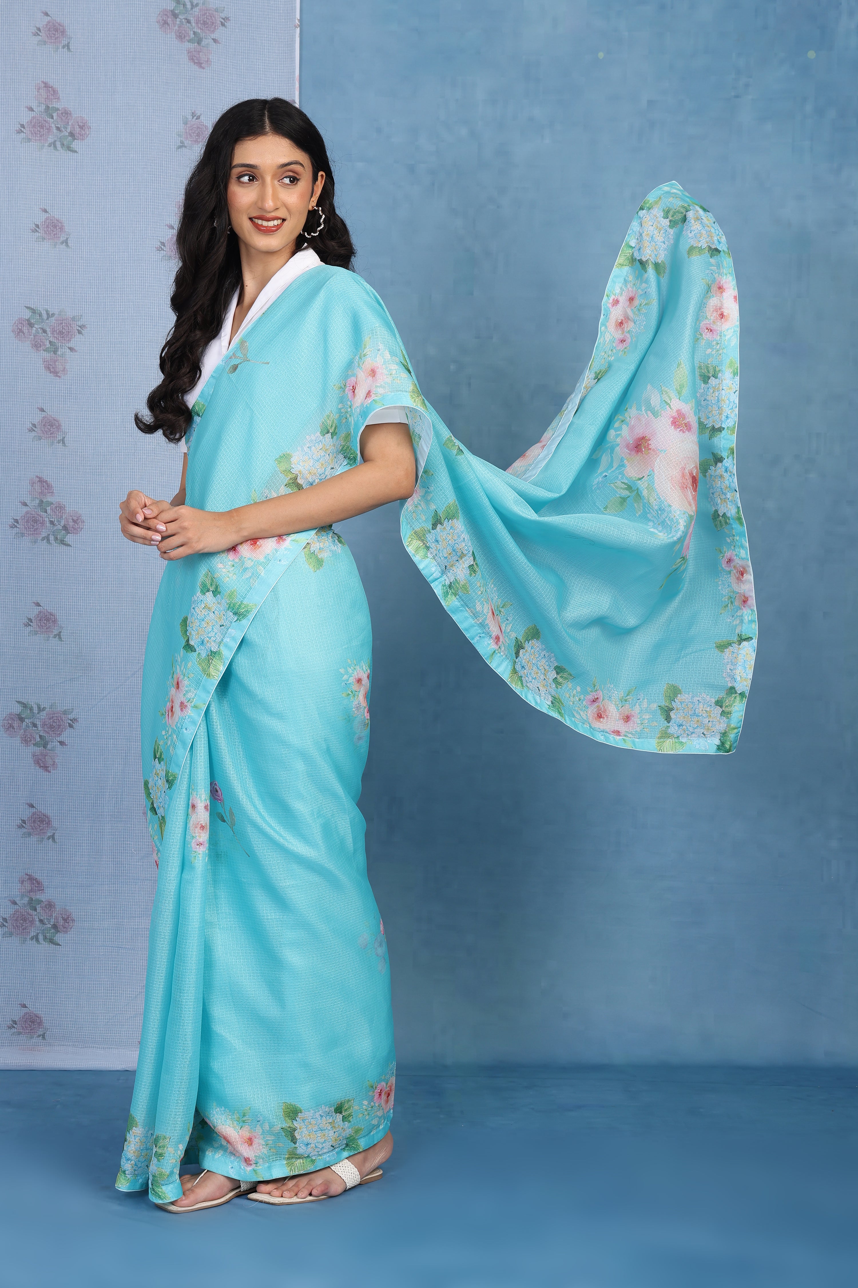 English Rose Garden - Turquoise Tide Kota Saree
