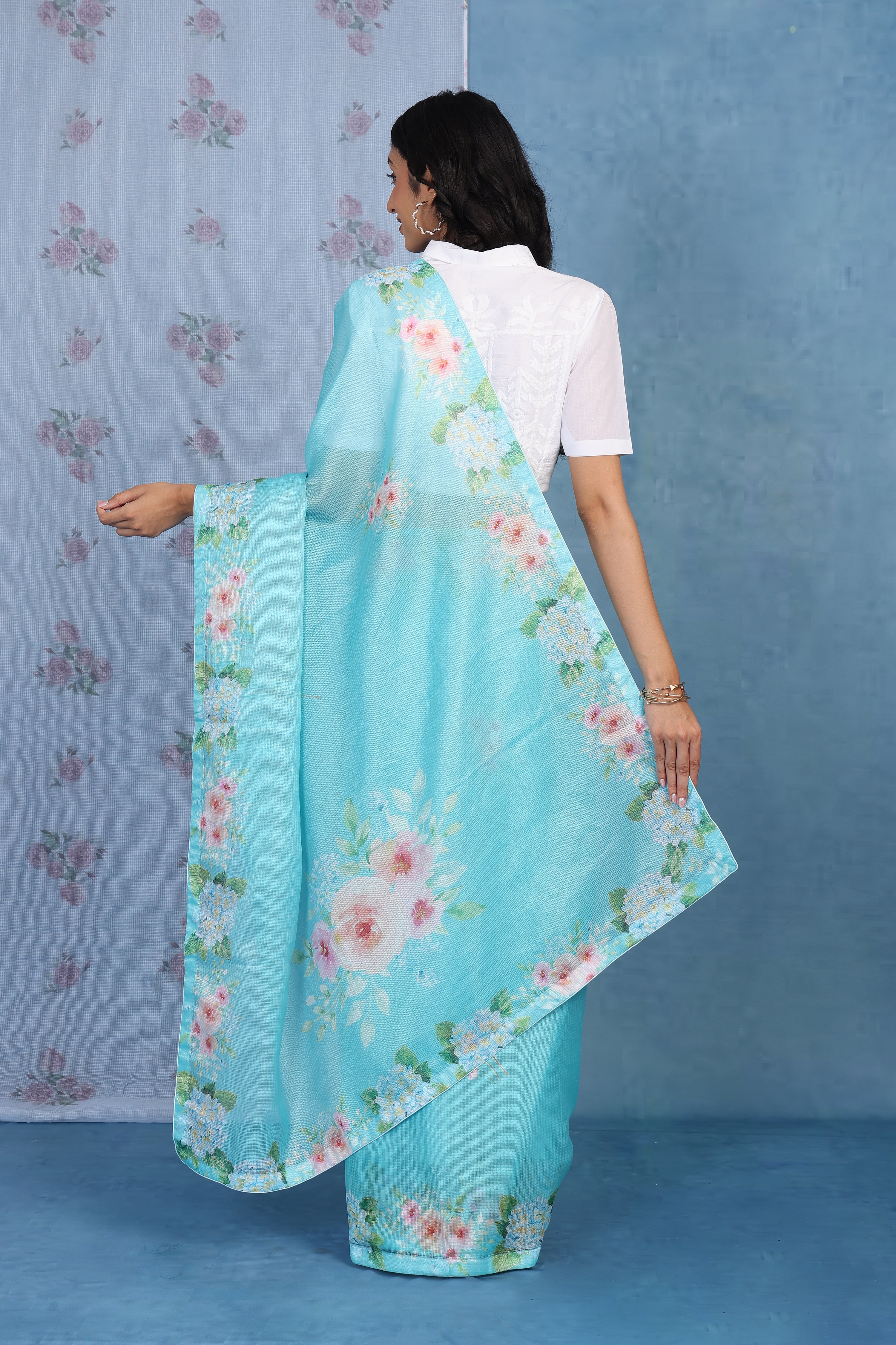 English Rose Garden - Turquoise Tide Kota Saree