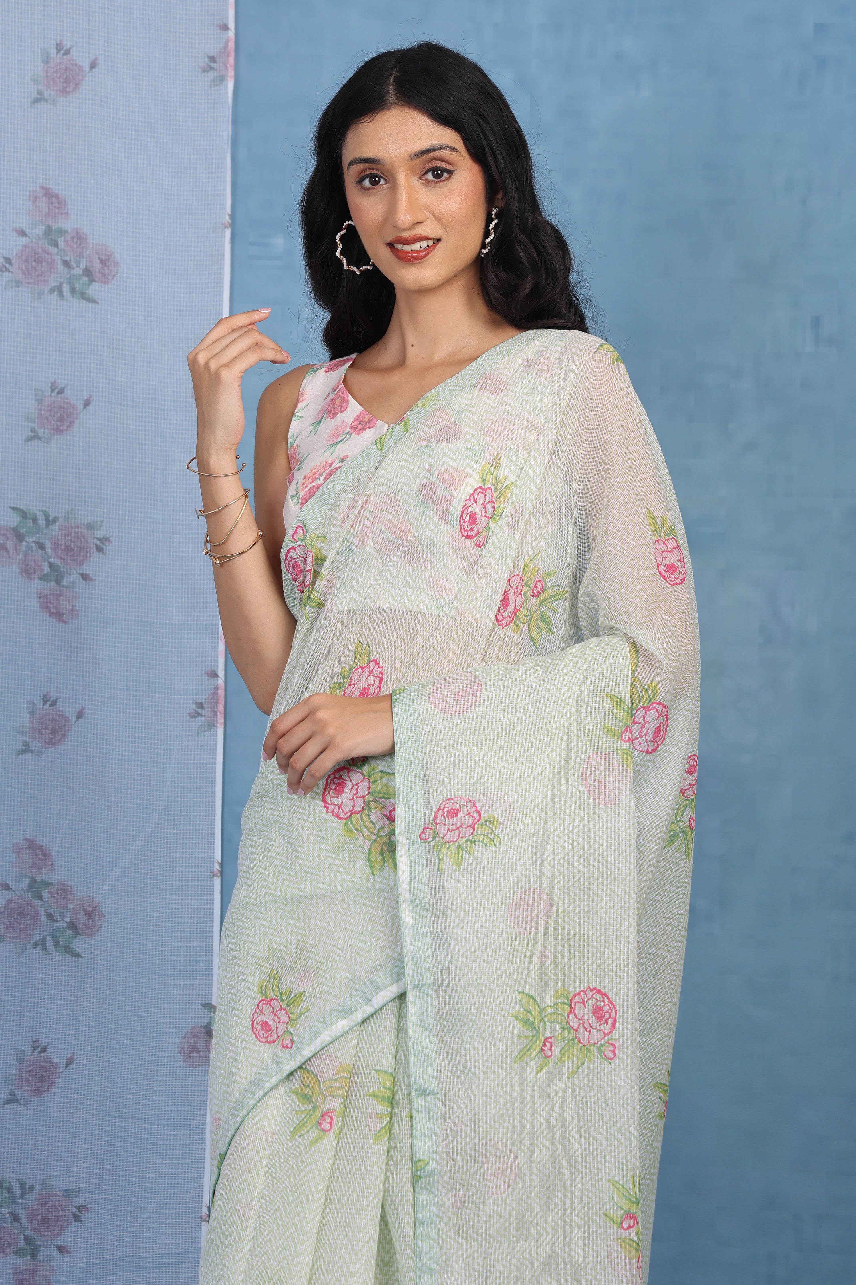 English Rose Garden - Green Lagoon Kota Saree