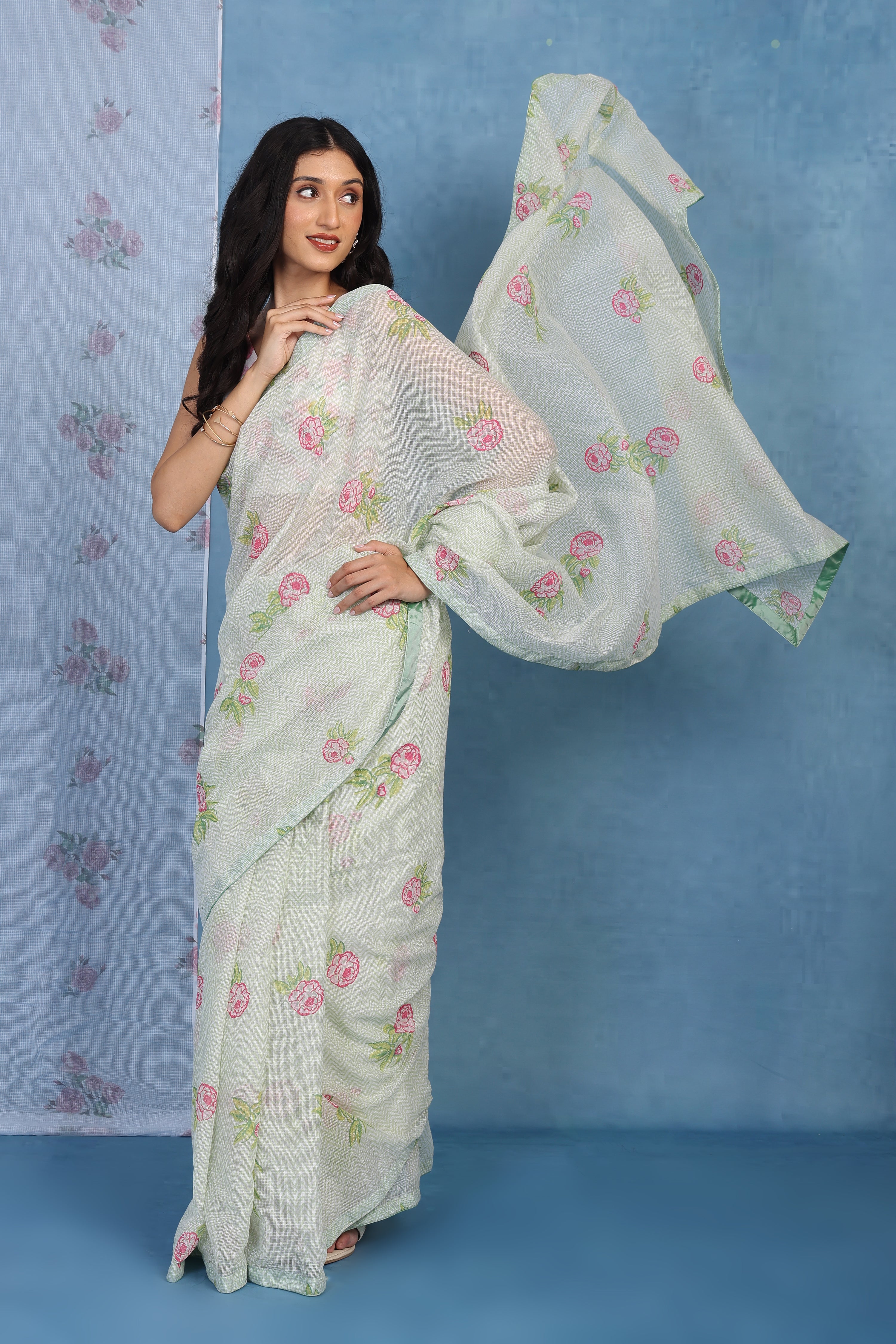English Rose Garden - Green Lagoon Kota Saree