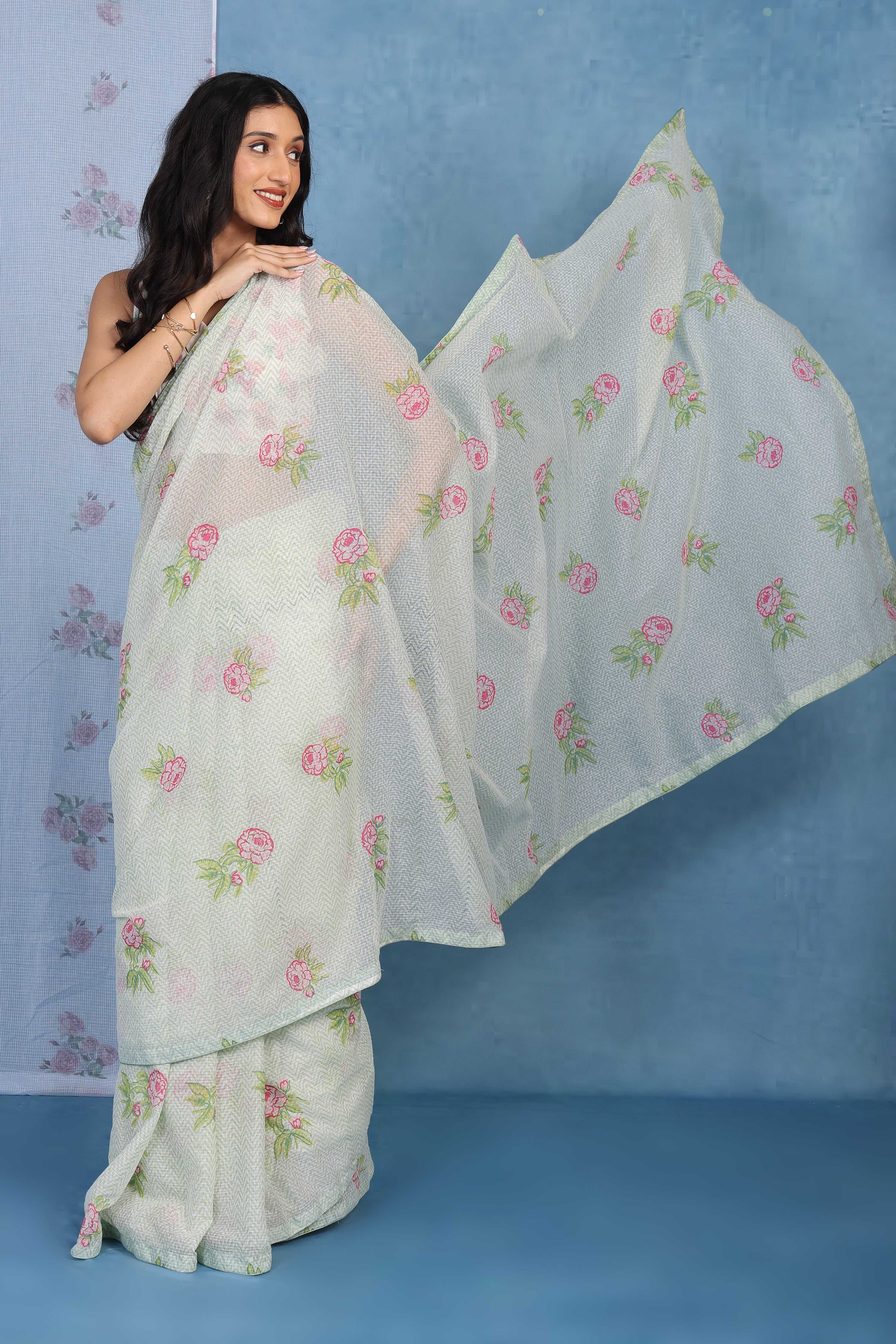 English Rose Garden - Green Lagoon Kota Saree