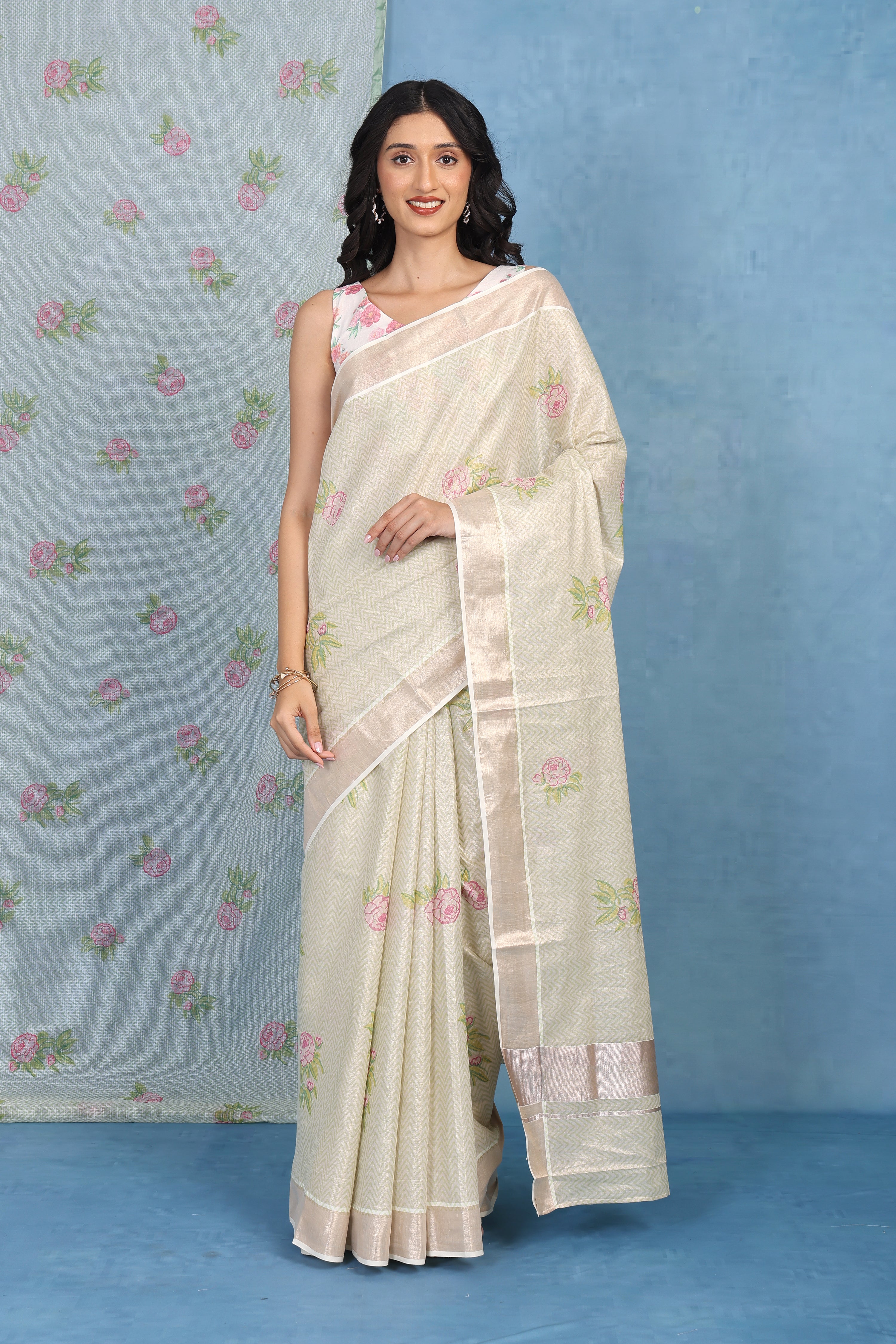 Forest On Sand Beige And Pale Rose  Cotton Silk Saree