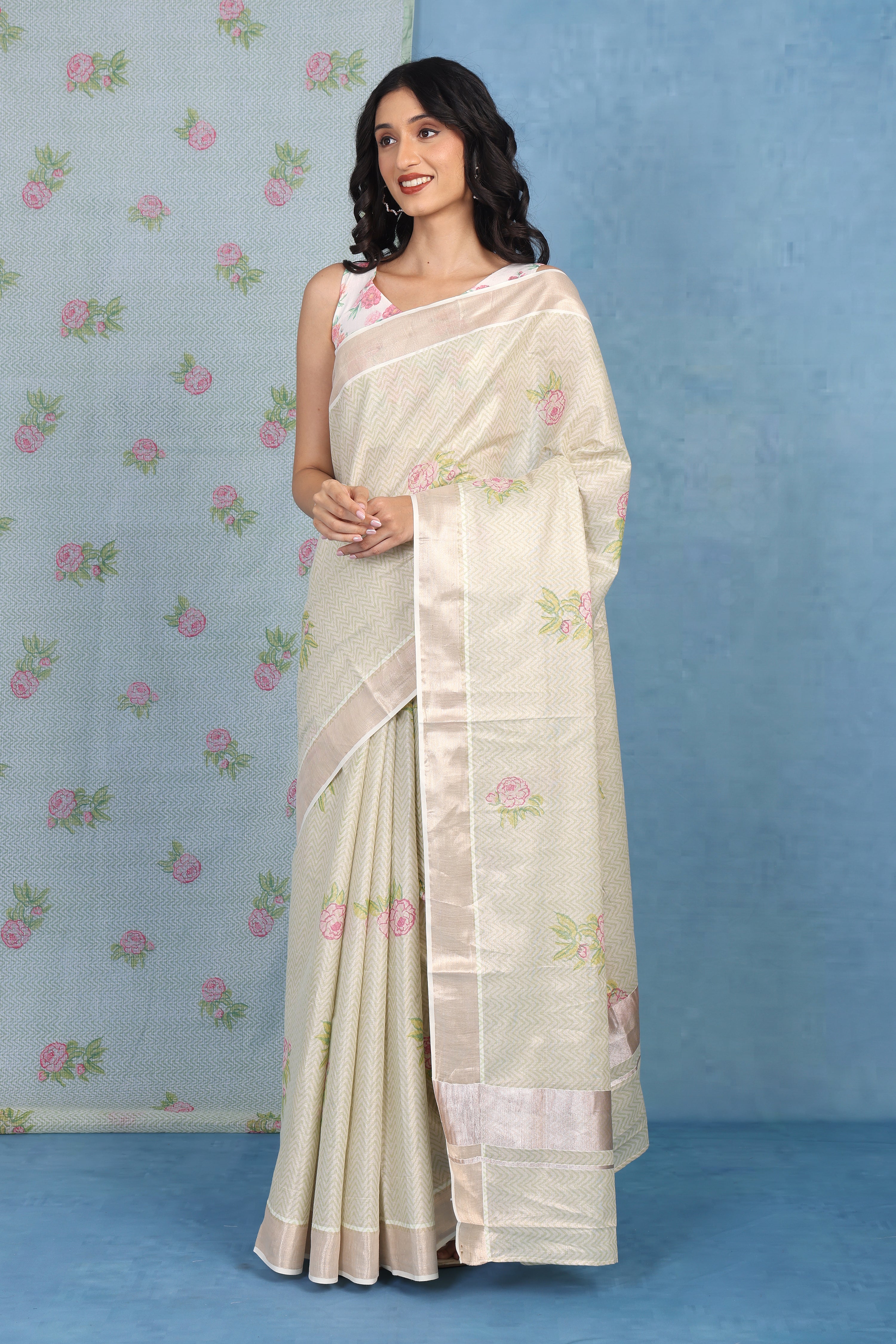 Forest On Sand Beige And Pale Rose  Cotton Silk Saree