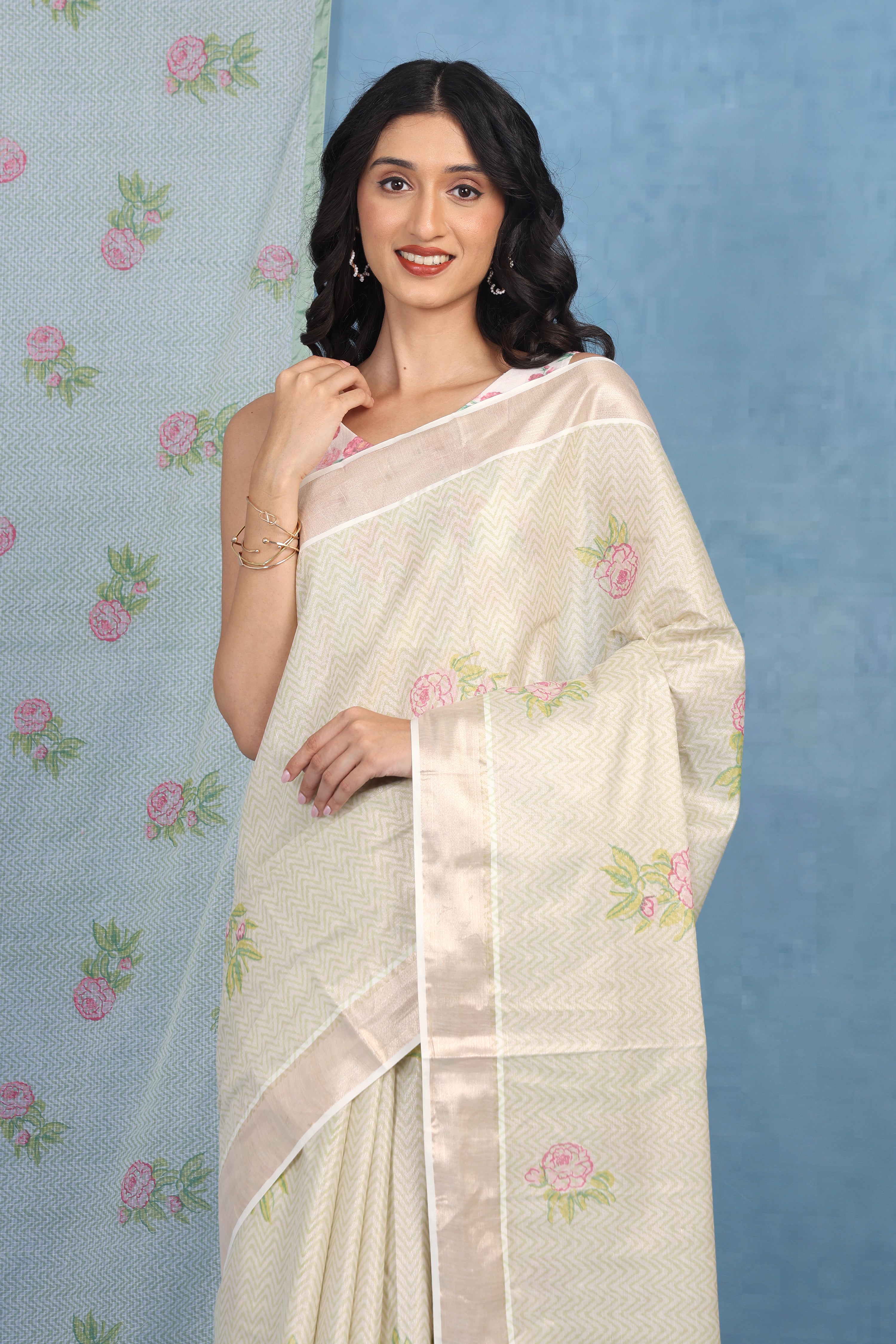 Forest On Sand Beige And Pale Rose  Cotton Silk Saree