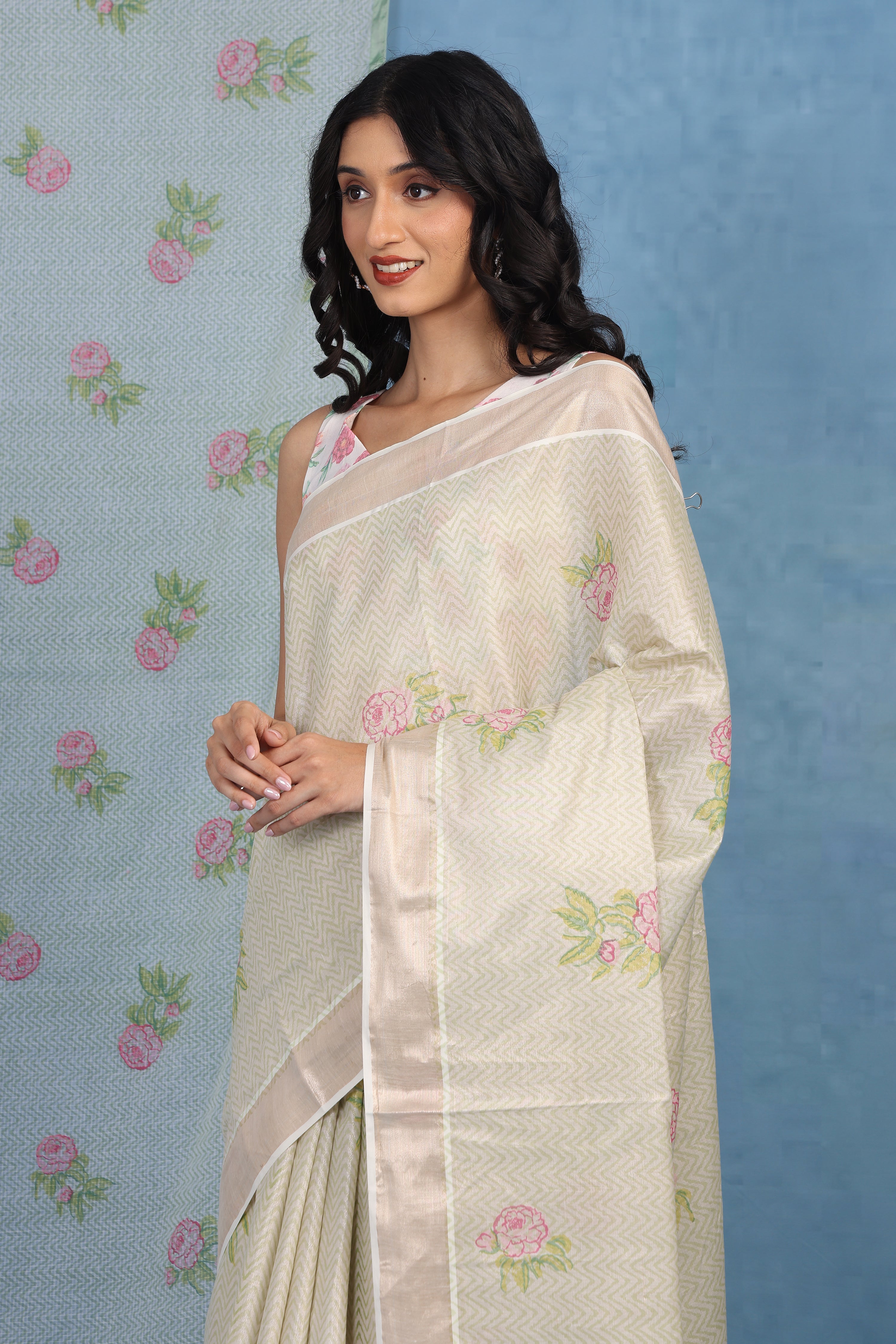 Forest On Sand Beige And Pale Rose  Cotton Silk Saree