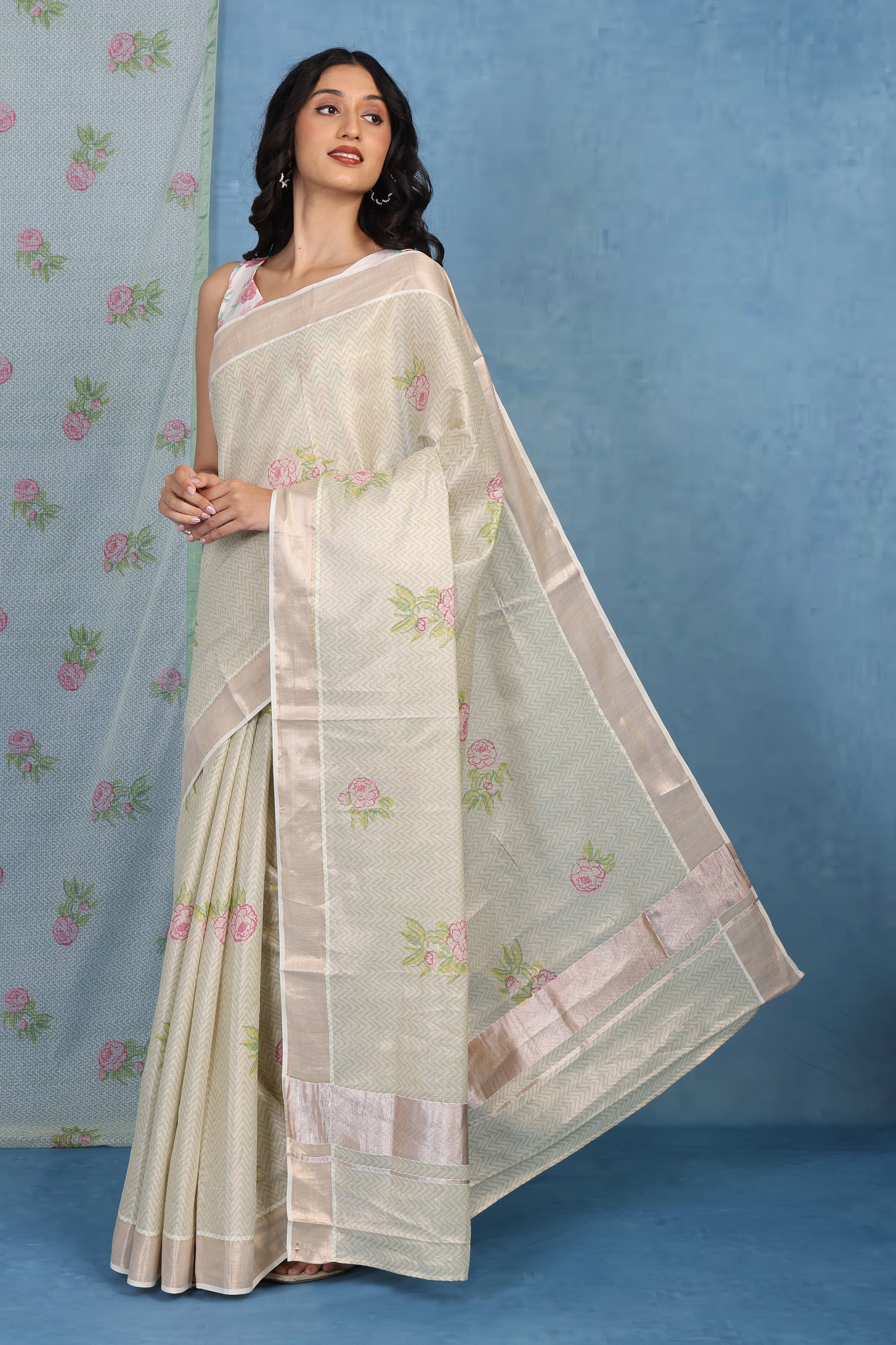 Forest On Sand Beige And Pale Rose  Cotton Silk Saree